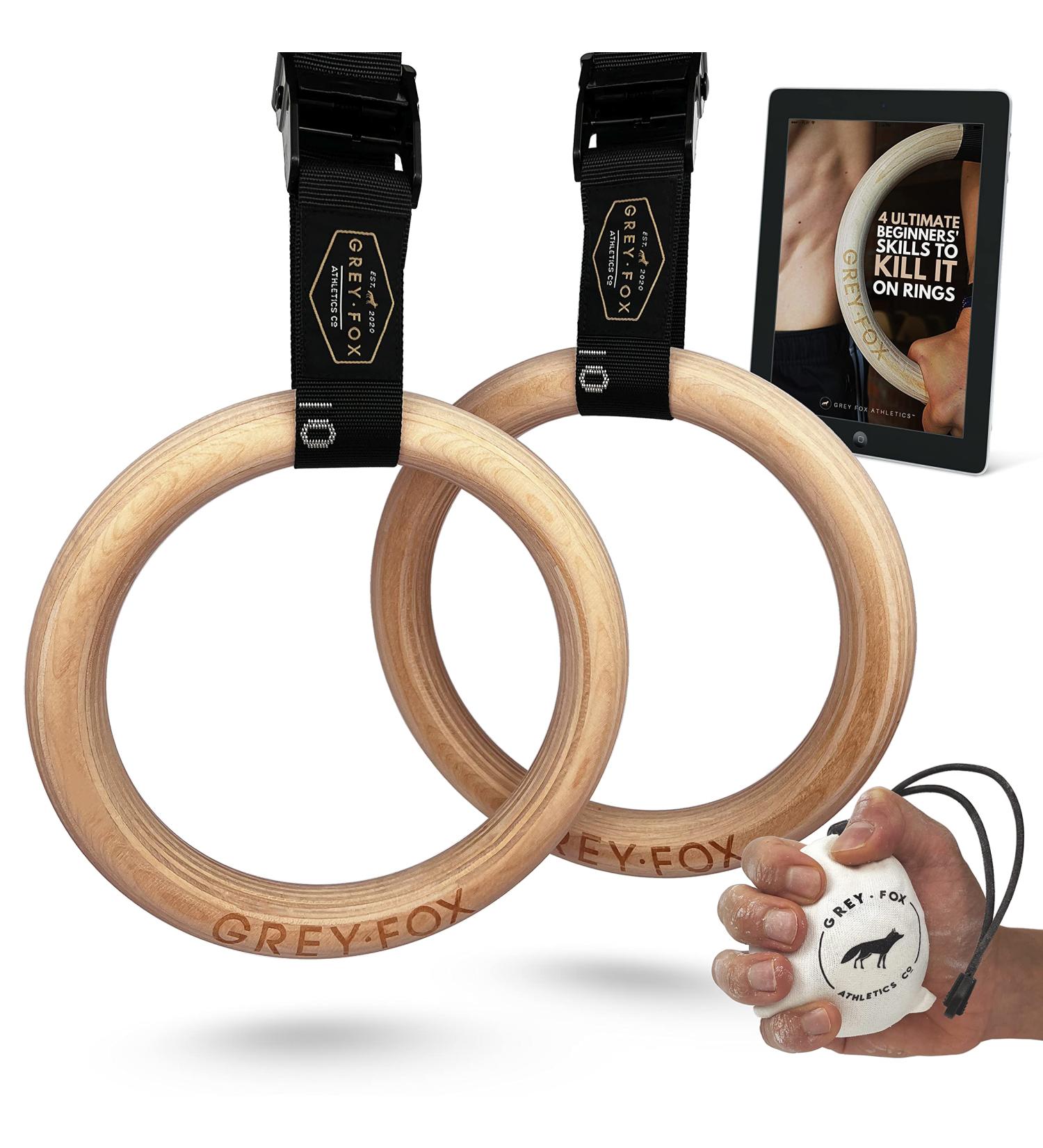 Grey Fox Premium Numbered 1.1 Wooden Gymnastic Rings with Adjustable Straps - Olympic Size, Chalk, Non-Slip Buckle | Full Body Suspension for Bodyweight Calisthenics - Home Gym Equipment for Fitness Enthusiasts - Buy Online on SooperMarket.com