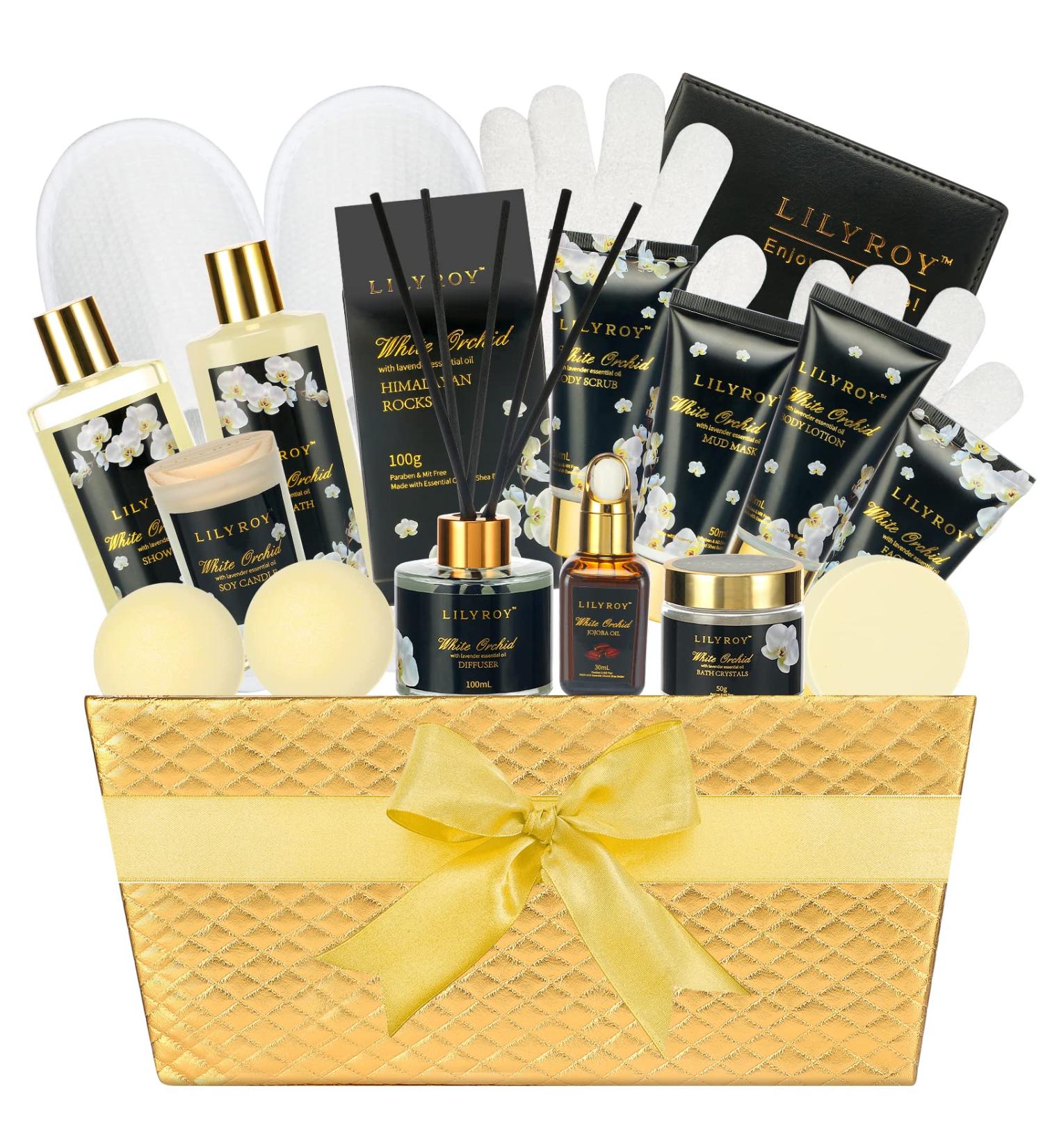 White Orchid Spa Gift Basket for Women - 18Pcs Birthday Gift Set with Diffuser, Shower Steamer, Himalayan Rocks, Jojoba Oil, Scented Candle & Golden Basket - Ideal Gifts for Her - Buy Online on SooperMarket.com
