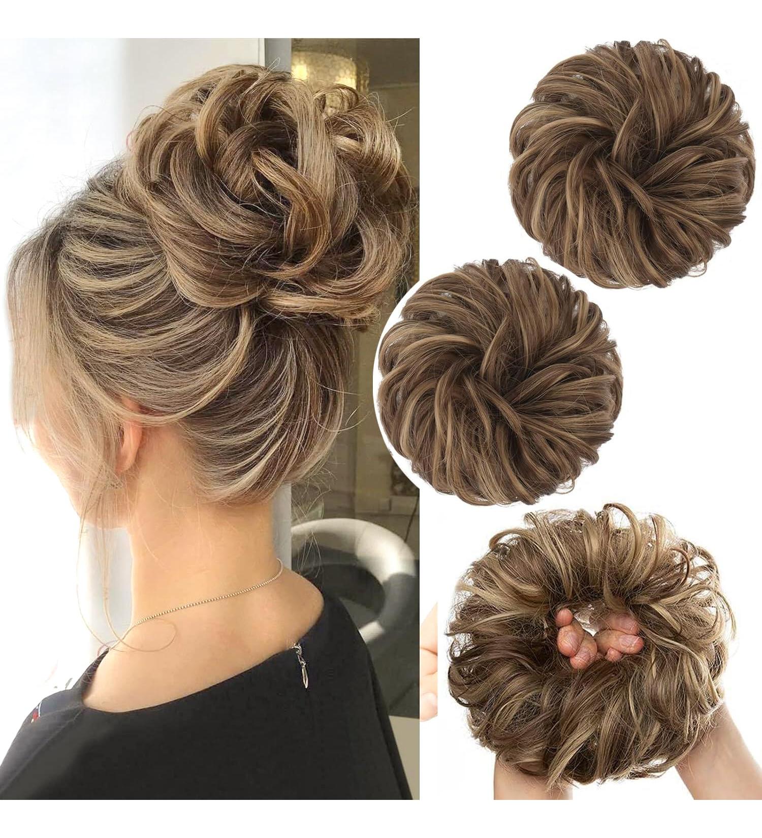 PORSMEER Curly Wavy Hair Buns Extensions 2 Pieces for Women Girls - Large Synthetic Updo Scrunchies in Gold Blonde/Ash Brown 12H24 - Buy Online on SooperMarket.com