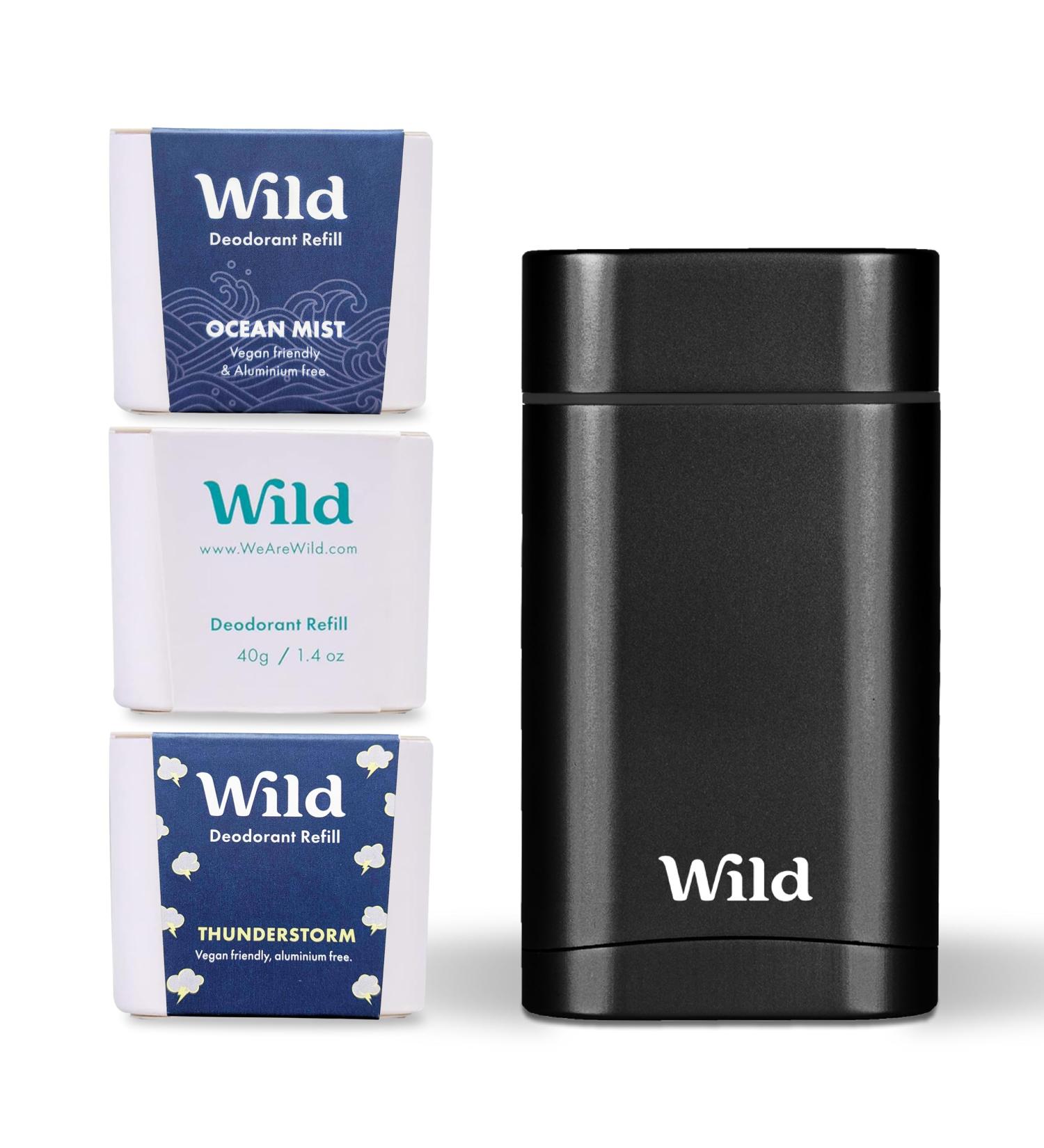 Wild - Mens Natural Refillable Deodorant Starter Kit - Black Case with Fresh Cotton & Sea Salt Ocean Mist & Thunderstorm Scents - Long Lasting Protection - Aluminium Free - Vegan & Eco-Friendly - Buy Online on SooperMarket.com