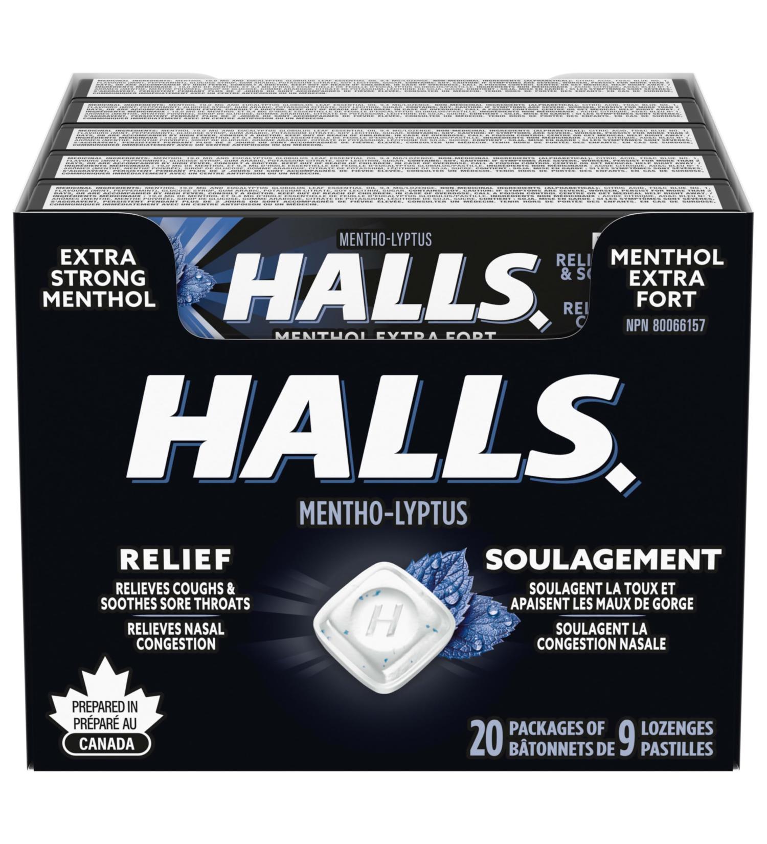 HALLS Regular Cough Drops Throat Lozenges Sore Throat Relief Mentho-Lyptus 9 Lozenges MEDICATION - Buy Online on SooperMarket.com