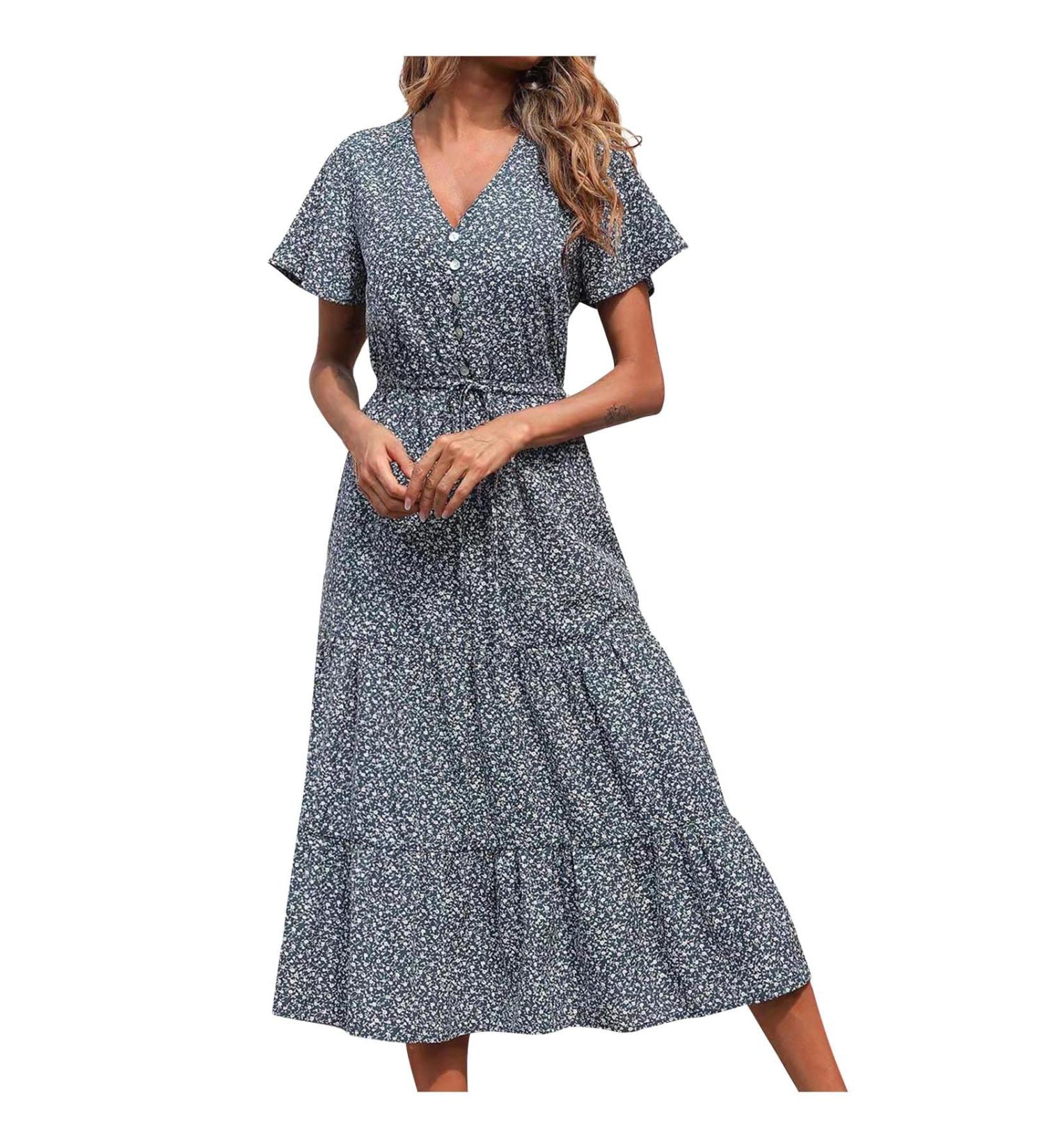 BOXIACEY Spring Dress for Women - V Neck Short Sleeve Maxi Dress with Belted Ruffle Hem | Small Dark Blue - Buy Online on SooperMarket.com
