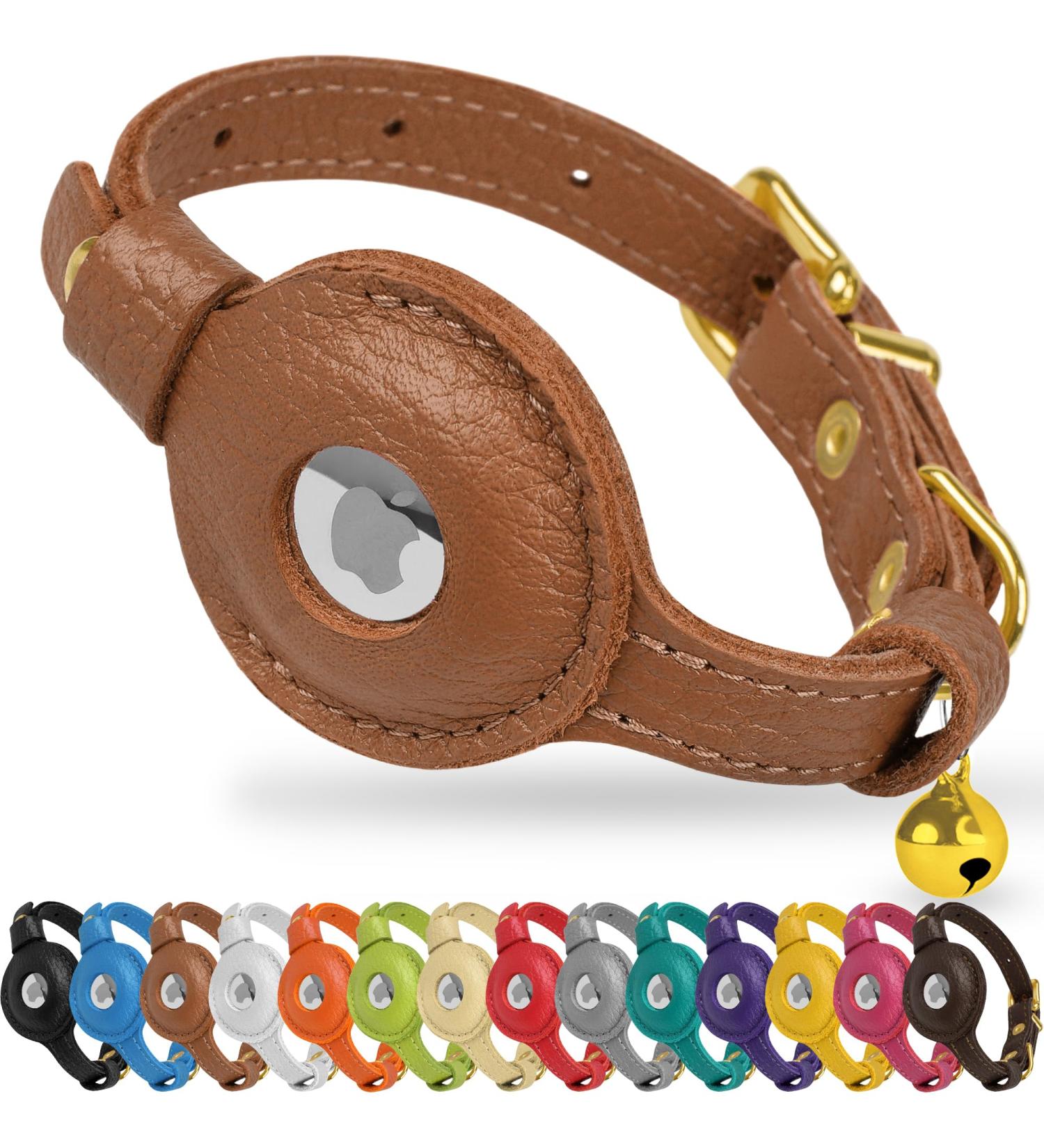 Oopsdoggy Leather Airtag Cat Collar with Bells - Durable Light GPS Collar for Cats & Small Dogs - Apple Airtag Holder - Perfect for Puppies (Light Brown) - Buy Online on SooperMarket.com