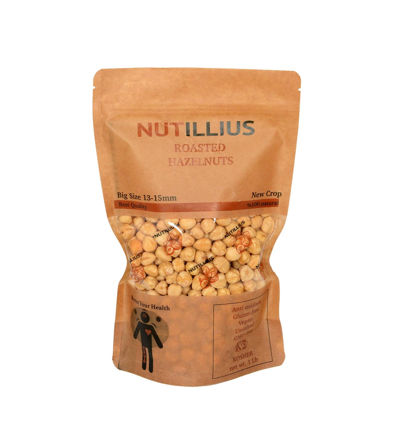 NUTILLIUS Premium Roasted Hazelnuts 1Lb Resealable Bag - Gluten Free, Vegan, GMO Free, Kosher Certified, Healthy Snack - 13-15mm Size - Buy Online on SooperMarket.com