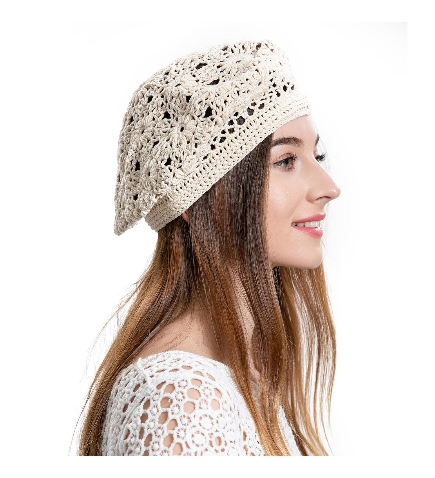 ZLYC Handmade Cotton Slouchy Crochet Beret with Cutout Floral Design - Plain Beige Women's Beanie Hat - Buy Online on SooperMarket.com