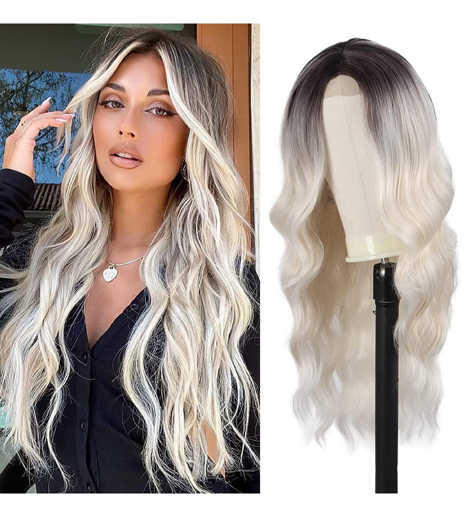 Long Wavy Wig Ombre Platinum Blonde Wigs for Women 24 Inch Middle Part Curly Synthetic Hair Natural Looking Heat Resistant Fiber for Daily Party Use (Ombre Platinum Blonde) - Buy Online on SooperMarket.com