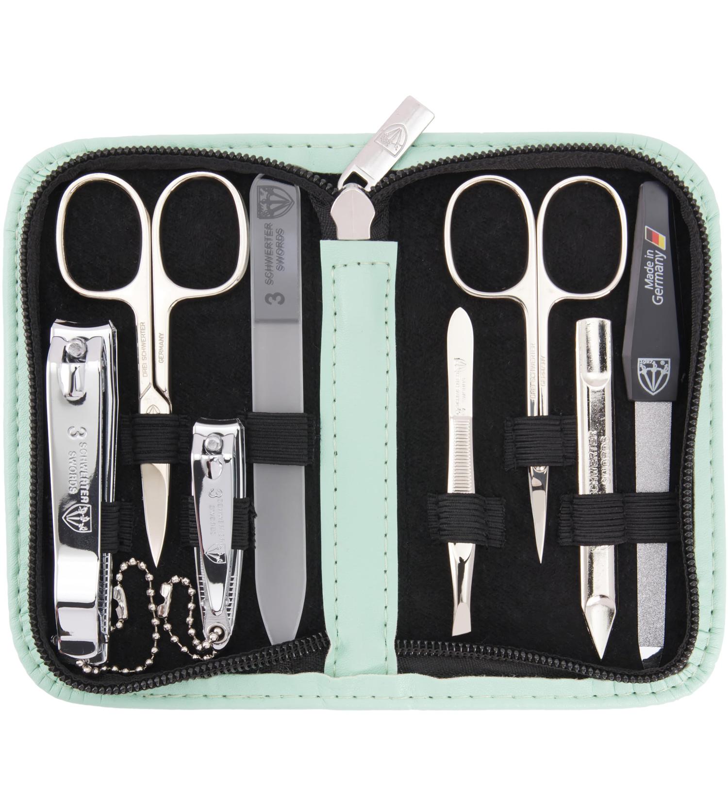 Three Swords 8-Pc Manicure Set 'Roma' | High-Quality Mint Leather Nail Care Kit | Scissors Clippers Tweezers & Glass Files - Buy Online on SooperMarket.com