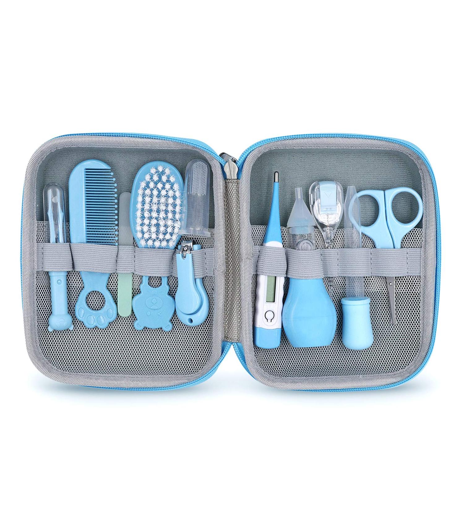 Portable Baby Grooming Kit: 11-in-1 Baby Safety Care Set for Newborns - Hair Brush, Nail Clipper, Nasal Aspirator - Blue - Buy Online on SooperMarket.com