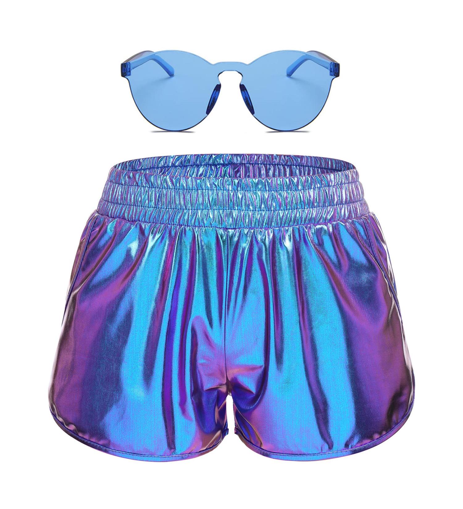 Women Metallic Shiny Shorts | Sparkly Hot Dance Bottoms for Rave & Music Festivals | Large Blue with Sunglasses - Buy Online on SooperMarket.com