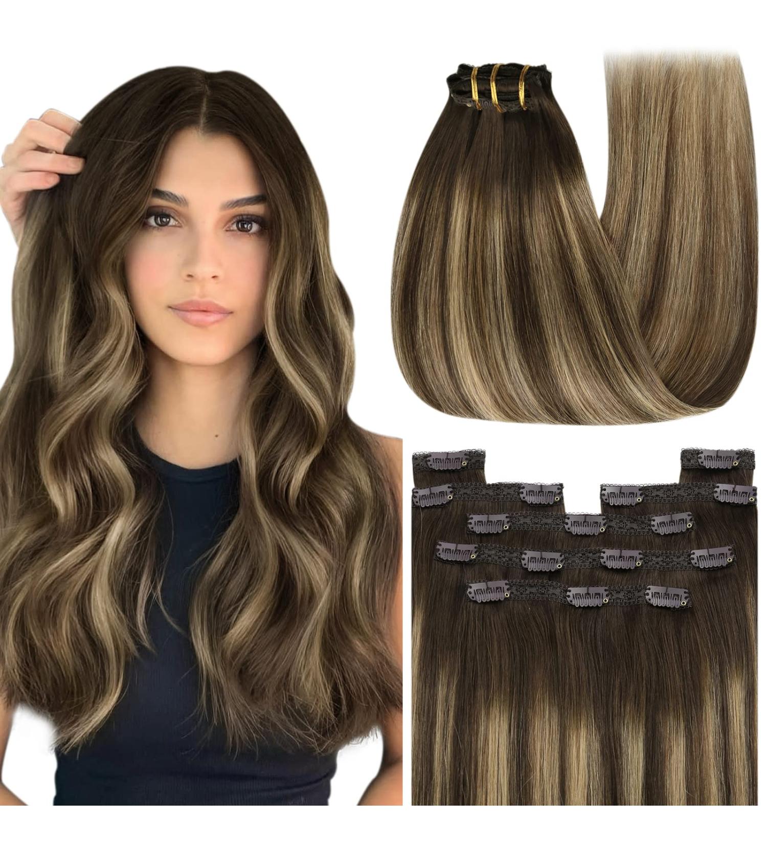 Youngsee Clip-In Real Hair Extensions - 35cm Ombre Dark Brown Balayage Caramel Blonde - 120g Remy Hair - 7 Pieces #4/27/4 - Buy Online on SooperMarket.com