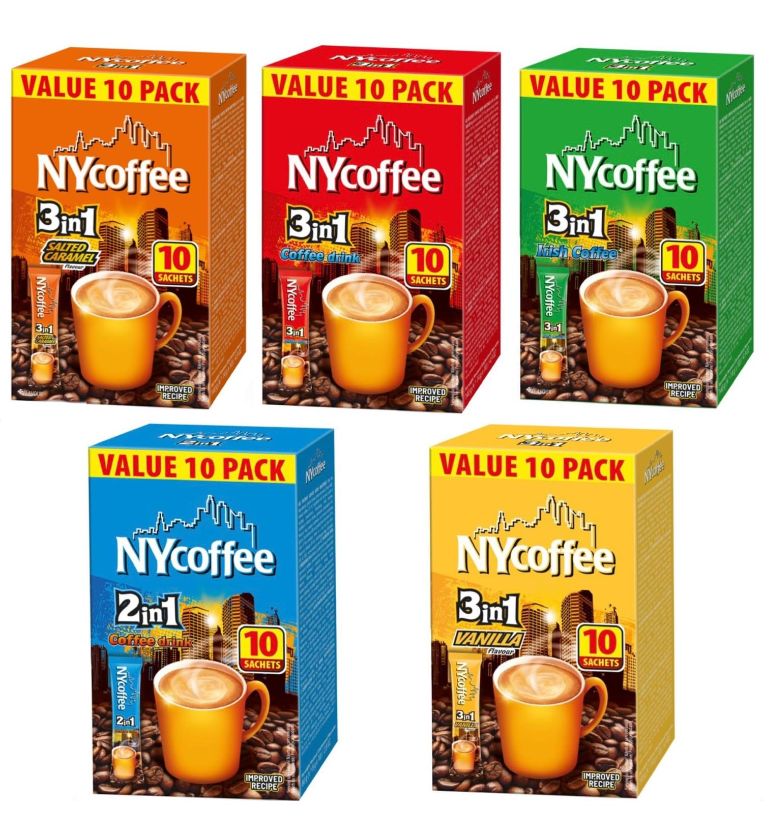NY Coffee 3 in 1 50 Sachets 5 Flavours Classic Salted Caramel Irish Vanilla 2 in 1 5 Boxes x 10 Sachets - Flavoured Coffee Sticks Ideal For Home or Work Salted Caramel Vanilla Irish Classic 2.8 g (Pack of 5) - Buy Online on SooperMarket.com
