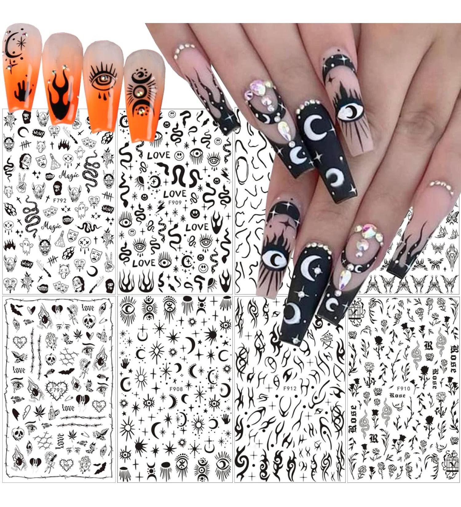 Black Skull Goth Nail Art Stickers - 3D Horror Butterfly Flame Moon Stars Rose Decals - Manicure Decoration Supplies - Buy Online on SooperMarket.com