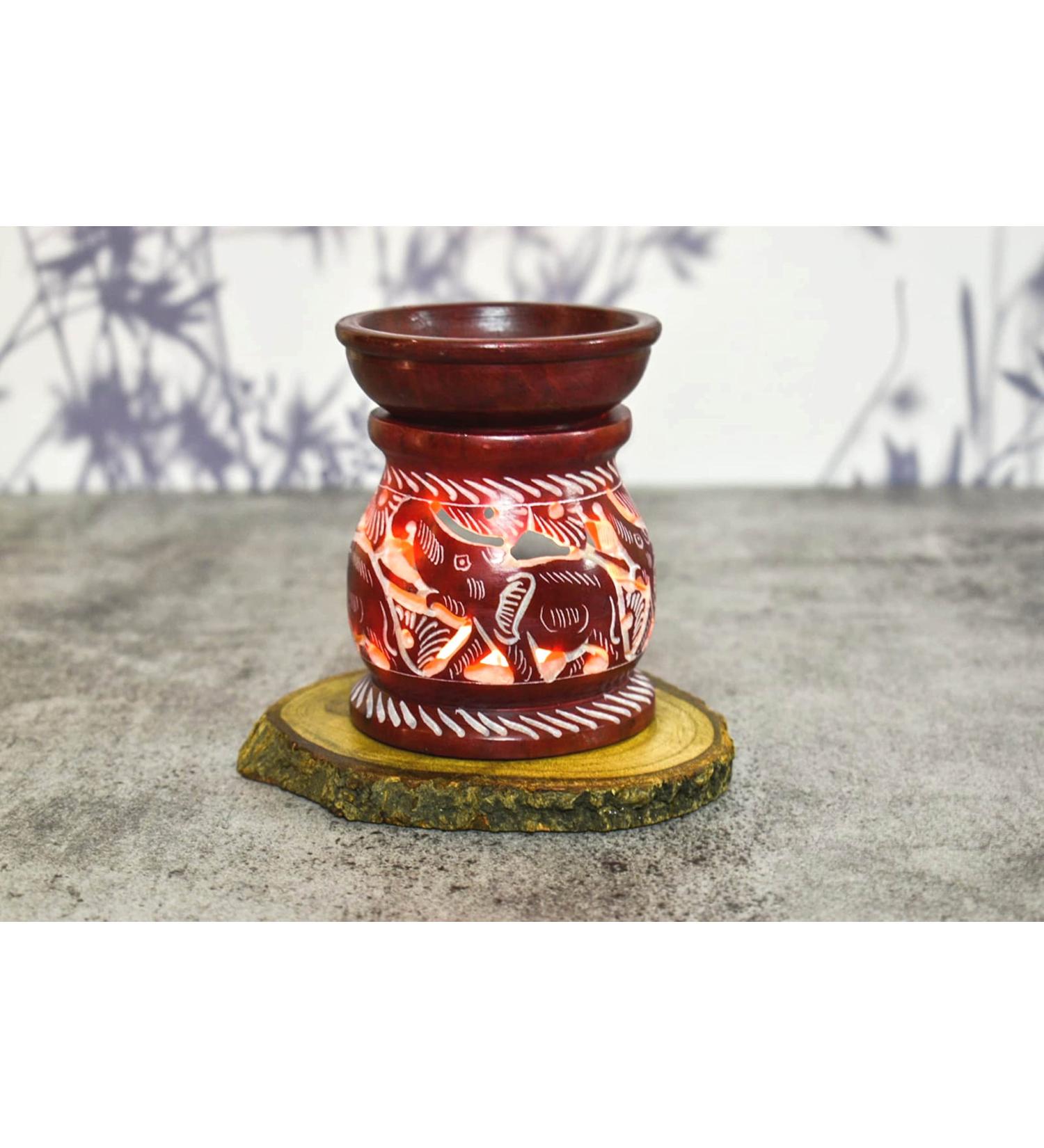Hand Painted Red Elephant Soapstone Oil Burner Aroma Diffuser | Jali Work Tea Light Holder for Aromatherapy - Buy Online on SooperMarket.com