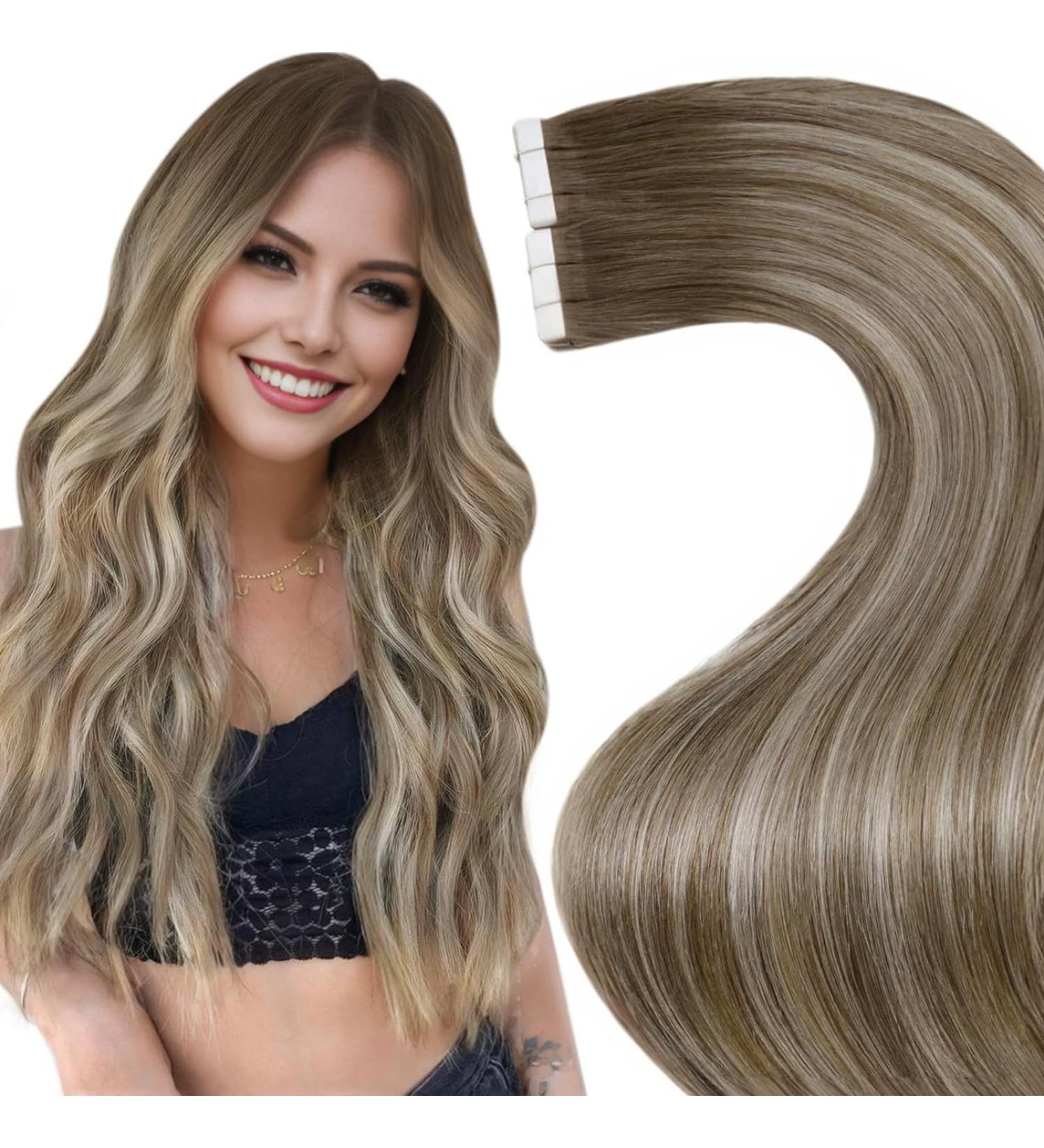 LAAVOO Light Brown Balayage Tape-in Hair Extensions - 35cm Real Hair #8/60/8 - 20PCS Invisible Tape | Premium Quality & Soft Texture - Buy Online on SooperMarket.com