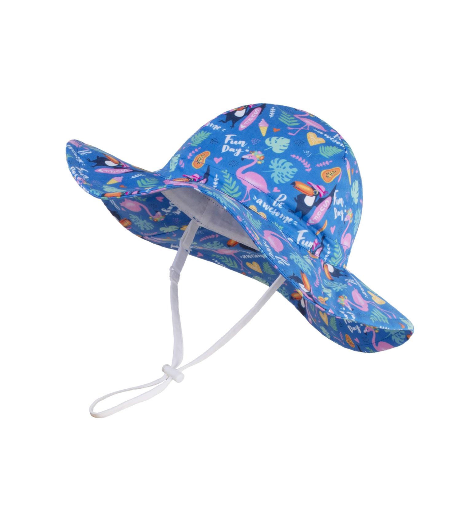 LANGZHEN Beach Sun Protection Hat for Baby Girls | Adjustable Toddler Kids Hat with Chin Strap | Flamingos & Toucan-Blue | 2-4 Years - Buy Online on SooperMarket.com