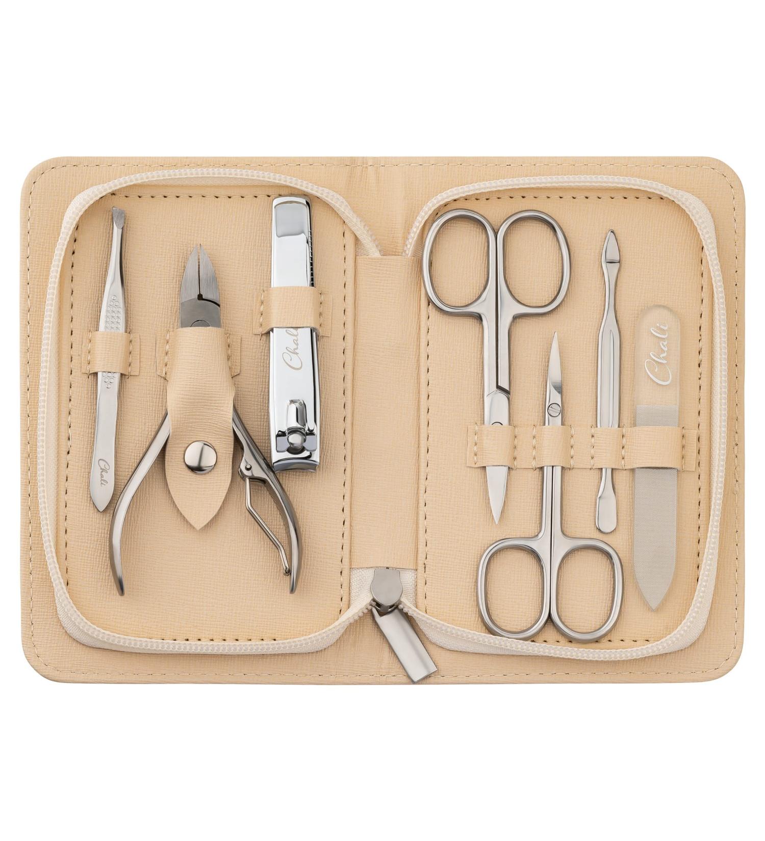 Chali 7-Part Stainless Steel Manicure Set for Men & Women | Complete Nail Care Kit with Case - Nail Scissors Clippers Tweezers Glass Files & More - Buy Online on SooperMarket.com