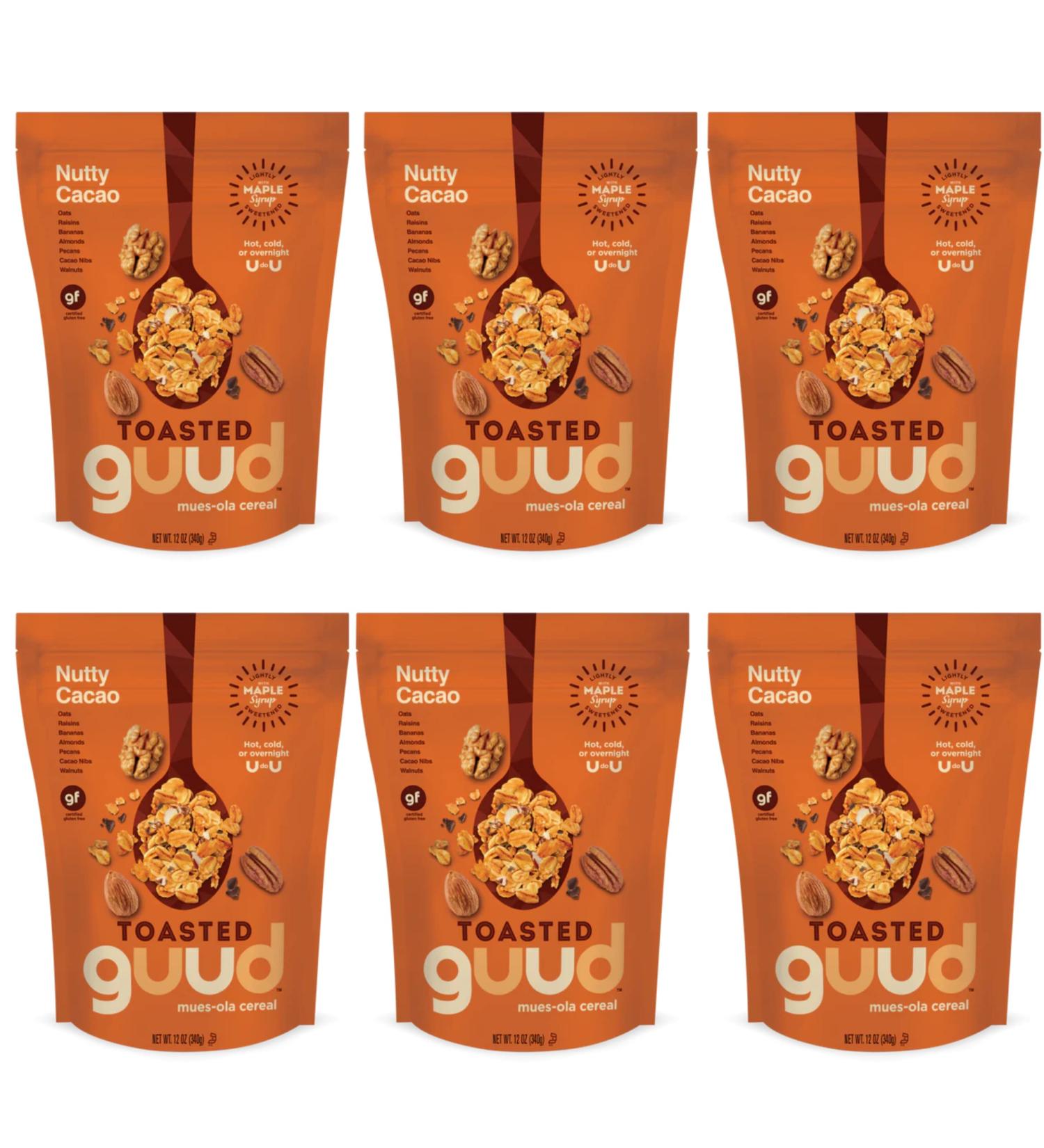 GUUD Nutty Cacao Toasted Muesola Cereal 12oz (Pack of 6) | Gluten-Free Oats with Raisins, Bananas, Almonds, Pecans, Cacao Nibs, Walnuts | Vegan & Non-GMO | Kosher Certified - Buy Online on SooperMarket.com