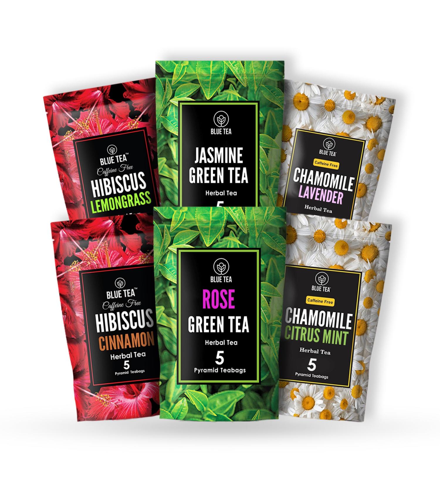 BLUE TEA - Assorted Flower Herbal Sampler Tea Pack (6 Flavors 30 Tea Bags) | Unique Flavors | CAFFEINE FREE | Variety Gifts Pack | Gifts for Her & Him | - Buy Online on SooperMarket.com