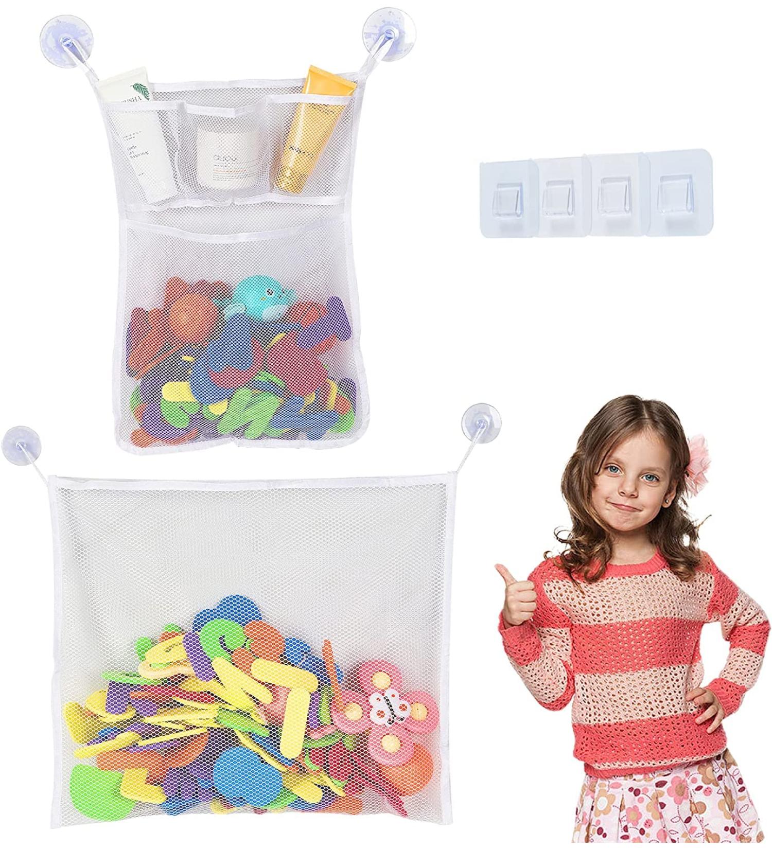 2 Set Bath Toy Organizer for Kids - Quick Dry Storage Net for Mesh Toys, Shower Organizer Bag with Hooks and Suction Cups - Buy Online on SooperMarket.com