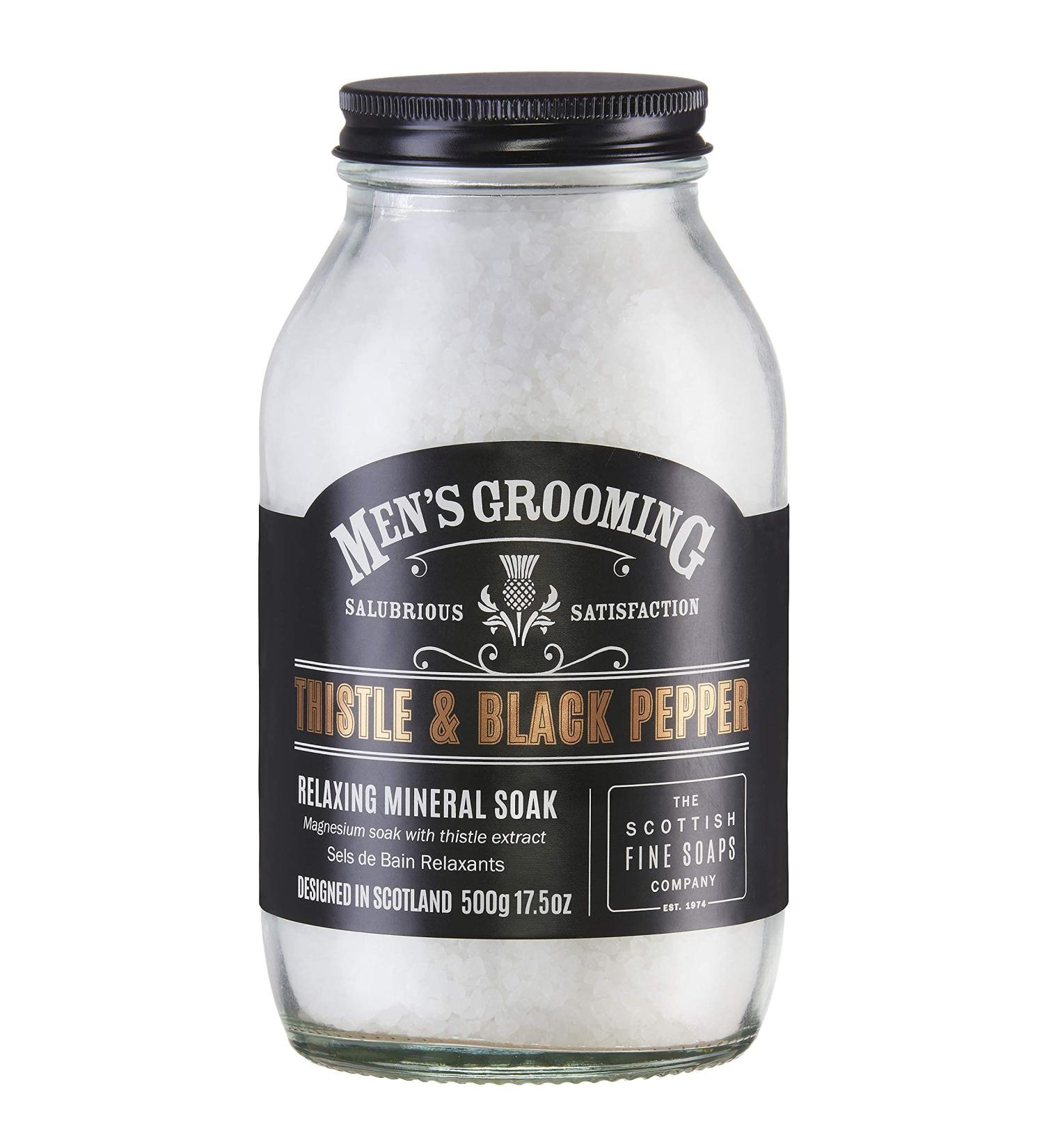 Scottish Fine Soaps Thistle & Black Pepper Relaxing Soak 500gm Glass Jar