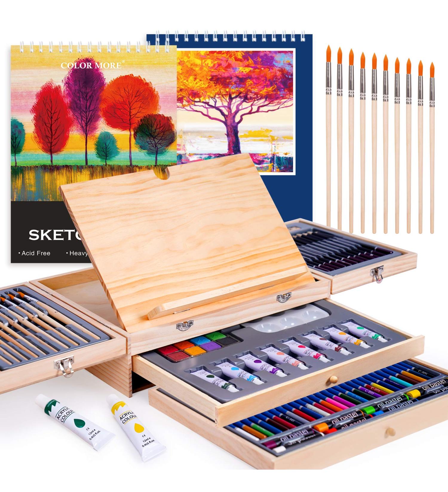 85 Piece Deluxe Wooden Art Set with Easel and Drawing Pads - Creative Gift Box for Teens & Adults | Art Supplies Kit for Painting & Drawing - Buy Online on SooperMarket.com