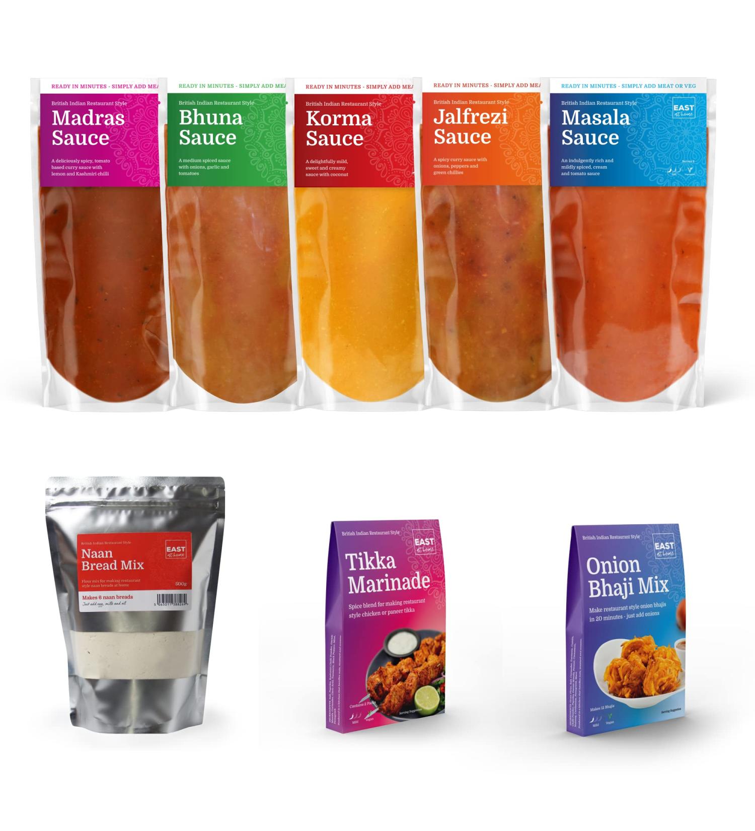 Curry Feast at Home Bundle | 5 Popular Curry Sauces 2 Starter Mixes and Naan Bread Mix | Perfect for Making a Quick & Easy Curry Feast at Home | East At Home - Buy Online on SooperMarket.com