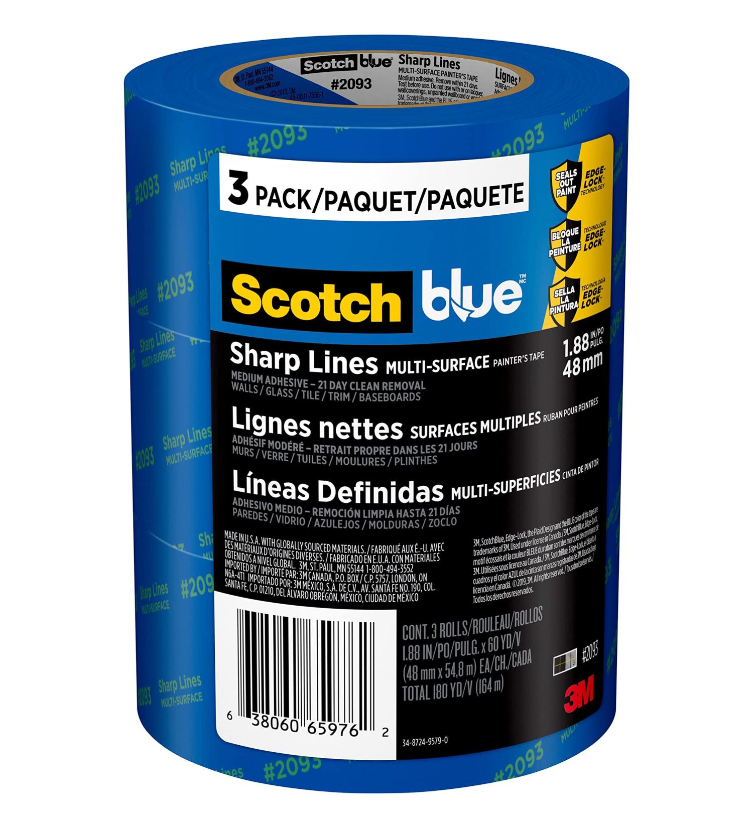 Scotch Painter's Tape 2093-48TC3 2093 Sharp Lines Multi-Surface Painters Tape  3 rolls  Blue  3 rolls 1.88 Width 3 rolls - Buy Online on SooperMarket.com