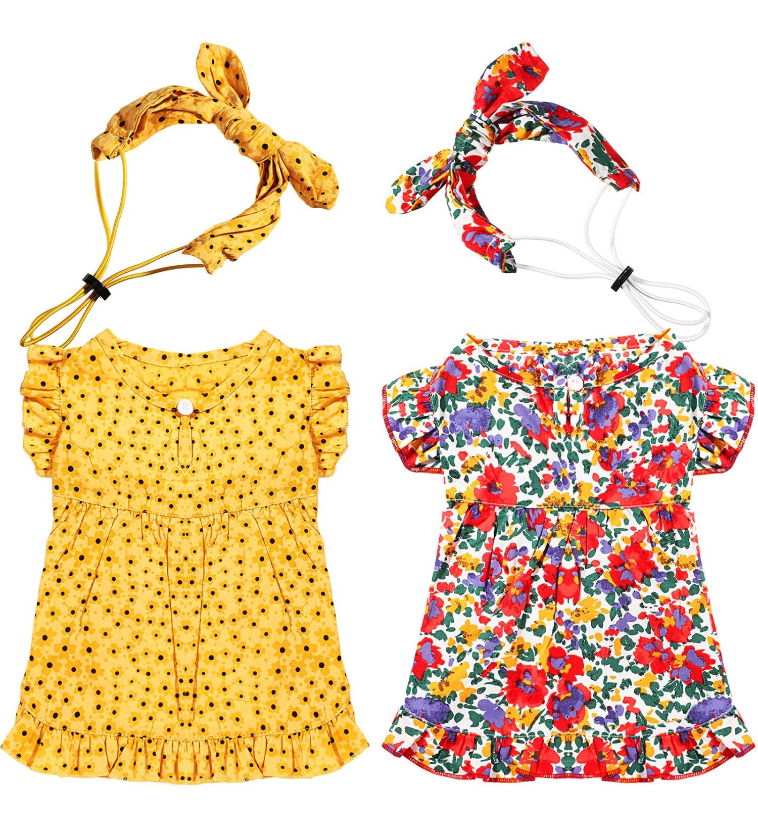 Frienda Cat and Dog Princess Floral Dress Set with Headband, Red and Yellow Floral Dress (M) - Spring/Summer Holiday Fashion - Buy Online on SooperMarket.com