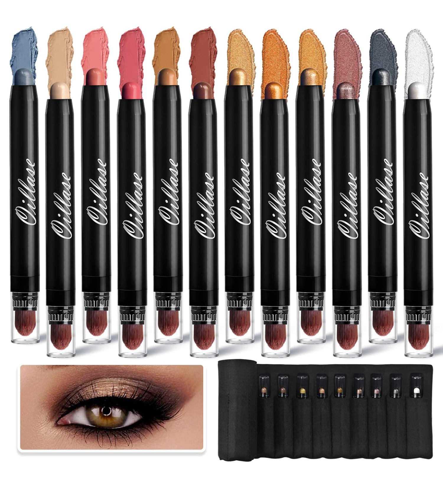 12 PCS Waterproof Glitter Eyeshadow Stick Set with Primer - Smudge Proof Shimmer and Matte Eye Makeup Crayon - Cream Eyeshadow Pen with Soft Brush - Buy Online on SooperMarket.com