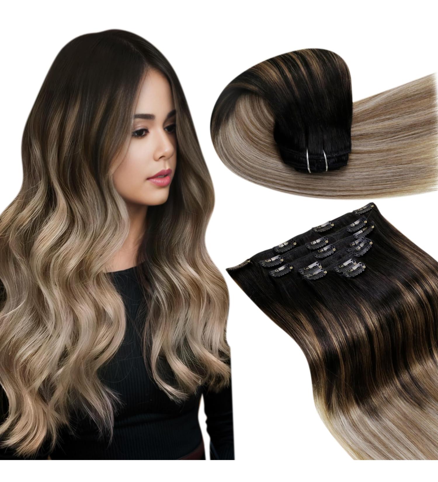Laavoo Clip In Extensions | Real Hair Black Ombre Balayage | 35cm Invisible 7PCs 105g #1b/8/22 - Buy Online on SooperMarket.com