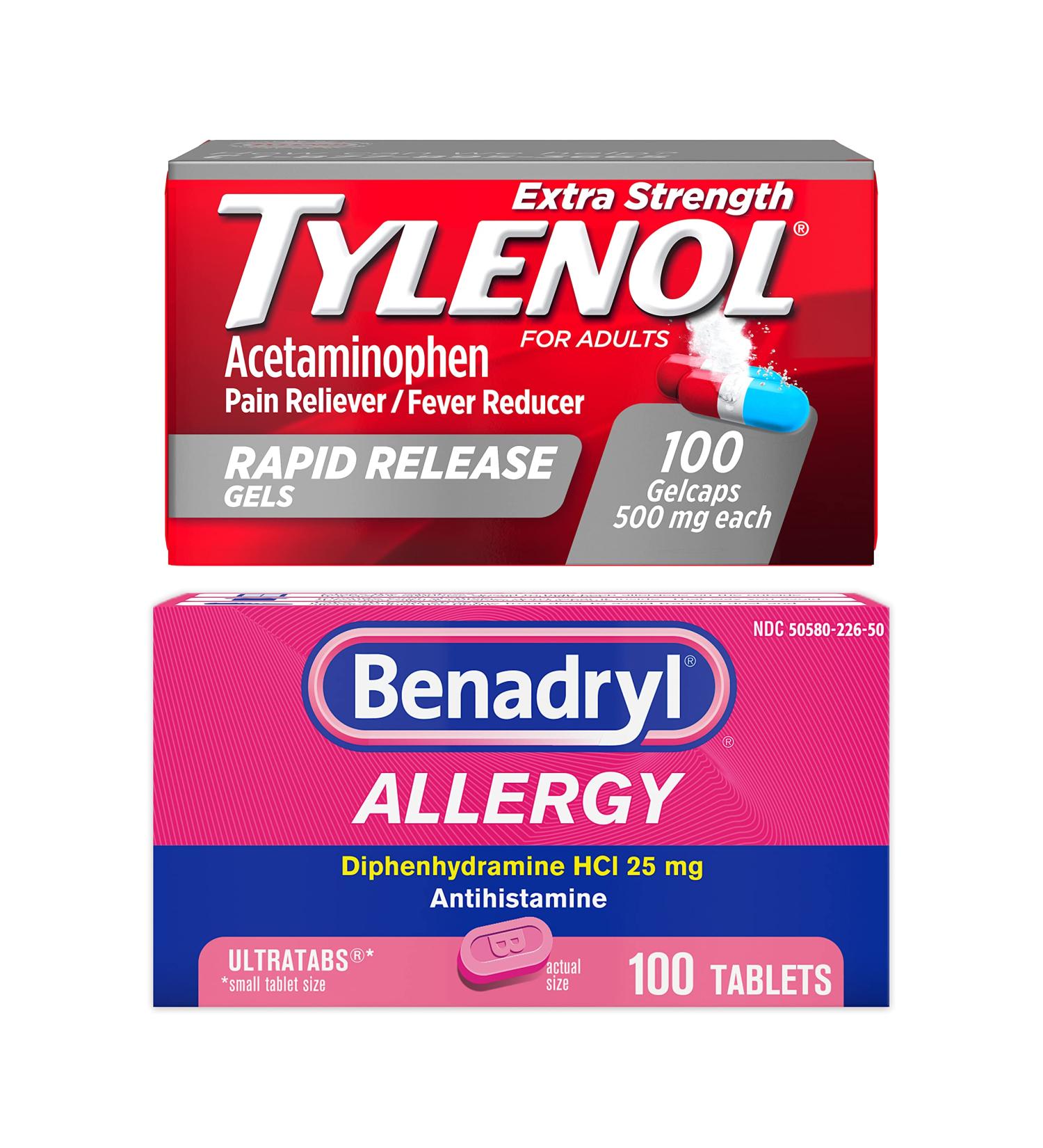 Benadryl Ultratabs Antihistamine Allergy Relief Tablets & Tylenol Extra Strength Pain Reliever Rapid Release Gels Bundle - 100ct Each - Buy Online on SooperMarket.com
