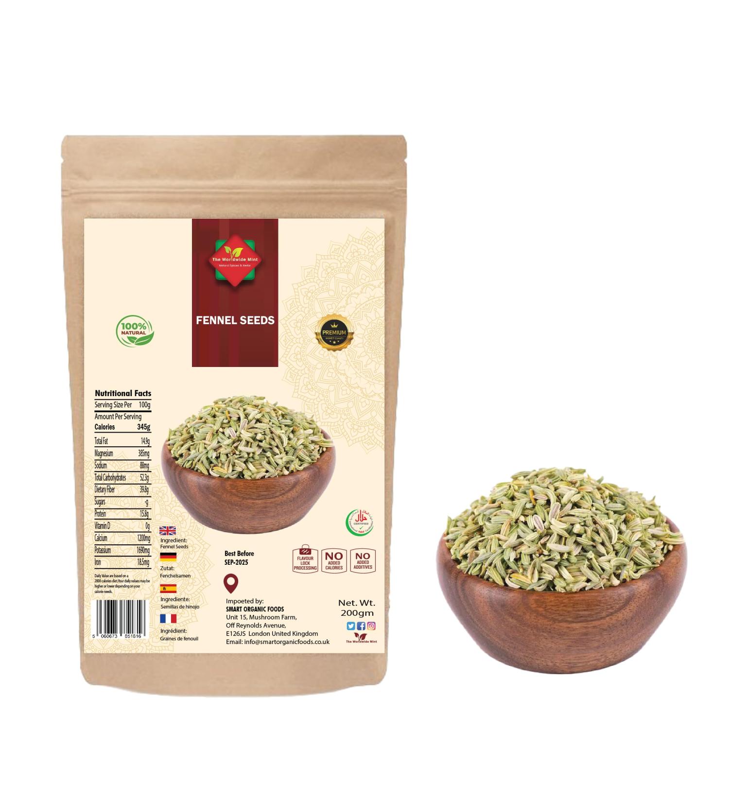 Organic Indian Fennel Seeds (200g/7.05oz) - Gluten Free | Vegan | Non GMO | Authentic Saunf (Soonf) - No Additives - Buy Online on SooperMarket.com