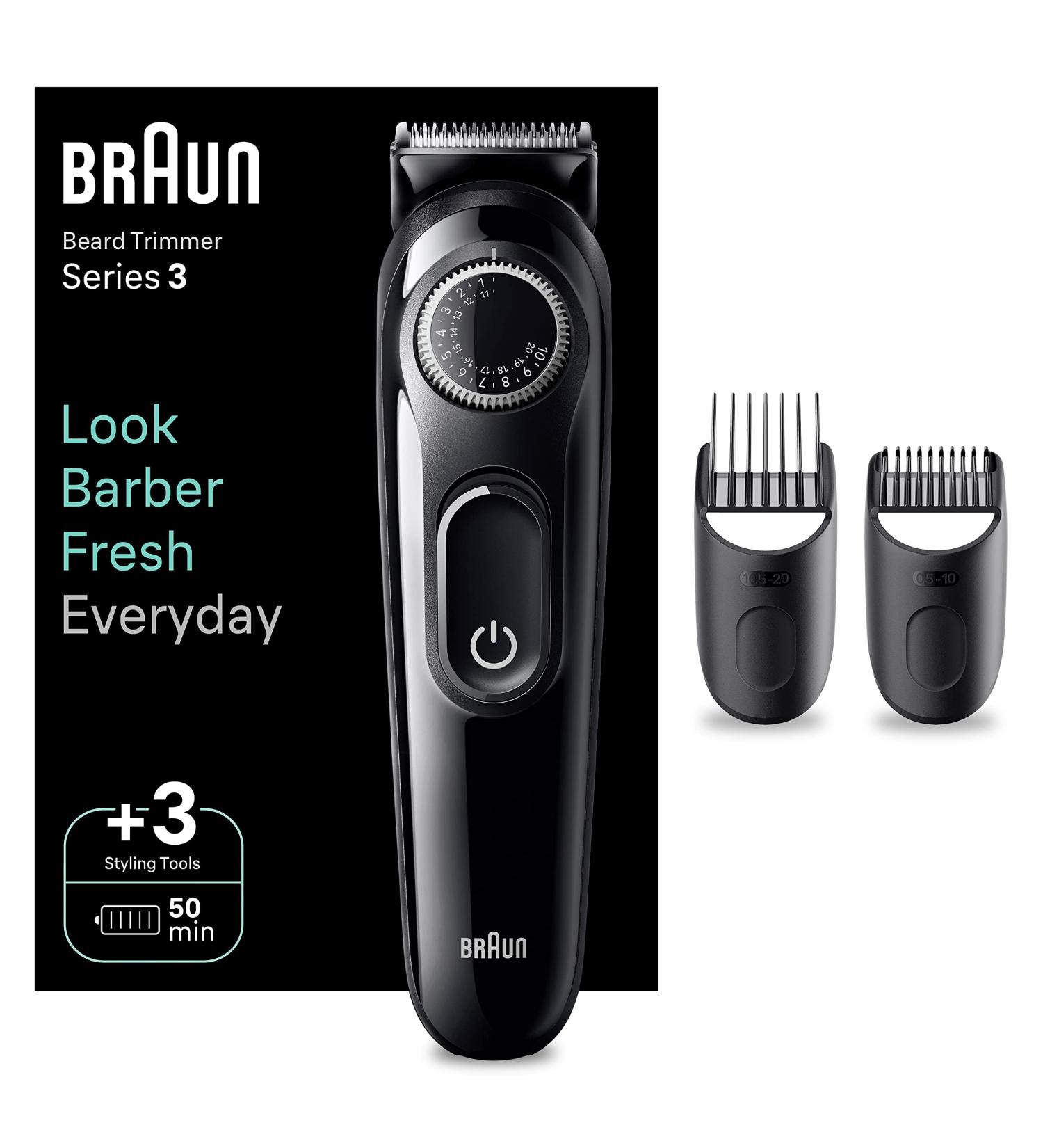 Braun Beard Trimmer Series 3 3410 Electric Beard Trimmer for Men Incl. Ultra-Sharp Blade 40 Length Settings Styling Tools Rechargeable 50-min Cordless Runtime & Washable Black BT3410 - Buy Online on SooperMarket.com