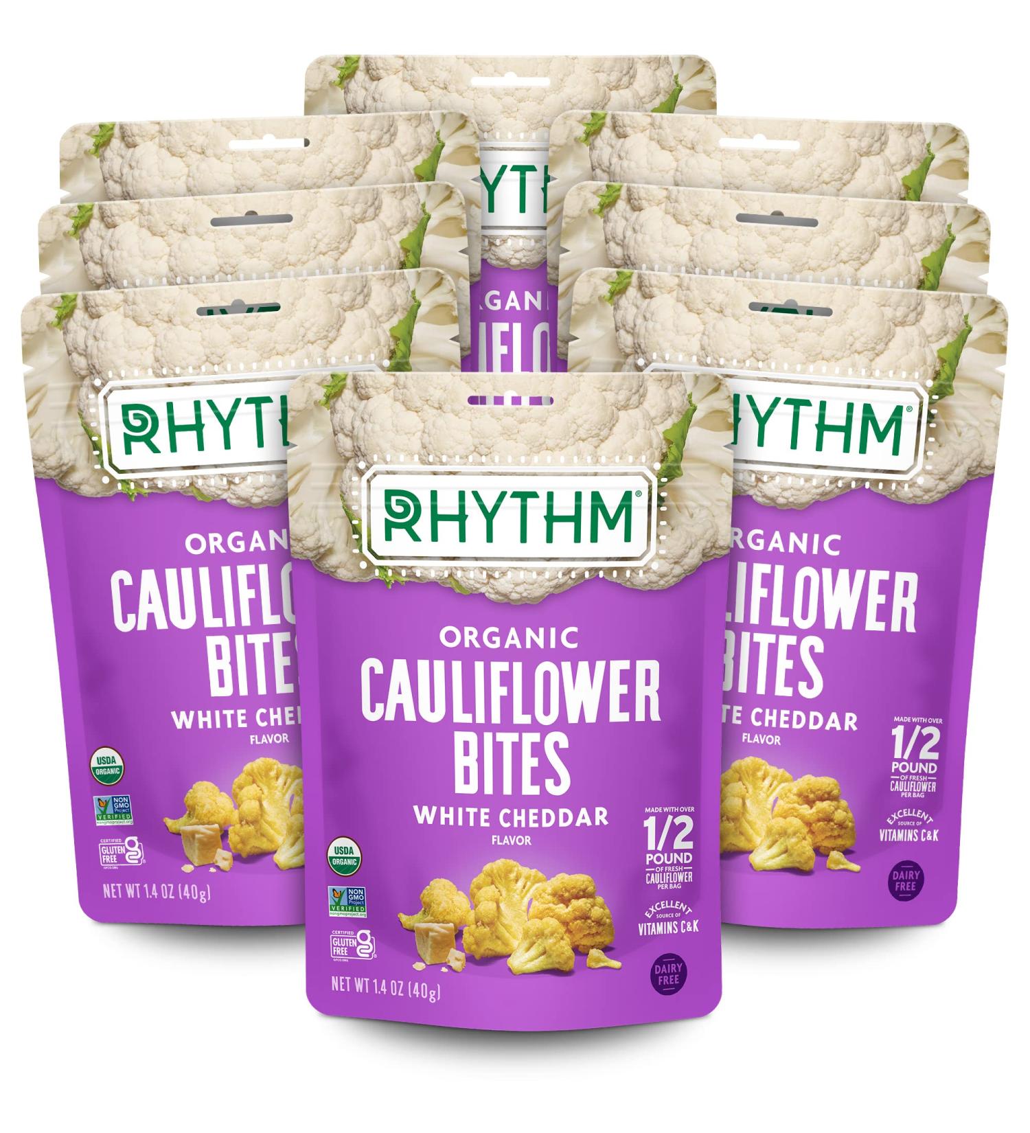 Rhythm Superfoods Crunchy Cauliflower Bites - Organic White Cheddar 1.4 Oz (Pack of 8) - Buy Online on SooperMarket.com