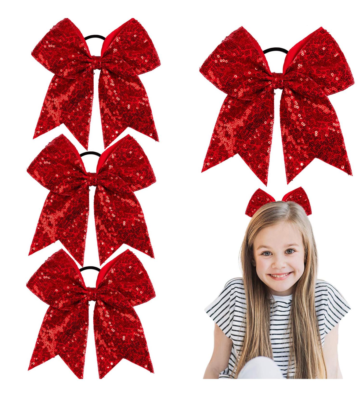 Whaline 8 Inch Glitter Red Jumbo Cheer Bows - 4 Pack | Large Cheerleading Hair Bows for Girls, Toddlers, Women - Elastic Ponytail Holder & Hair Accessories - Buy Online on SooperMarket.com