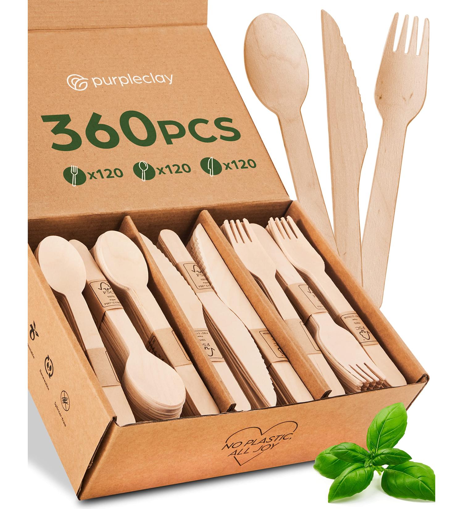 360-Piece Wooden Compostable Utensils Set | Eco-Friendly Biodegradable Cutlery for Parties | Sturdy Disposable Wood Forks, Spoons, and Knives - Buy Online on SooperMarket.com