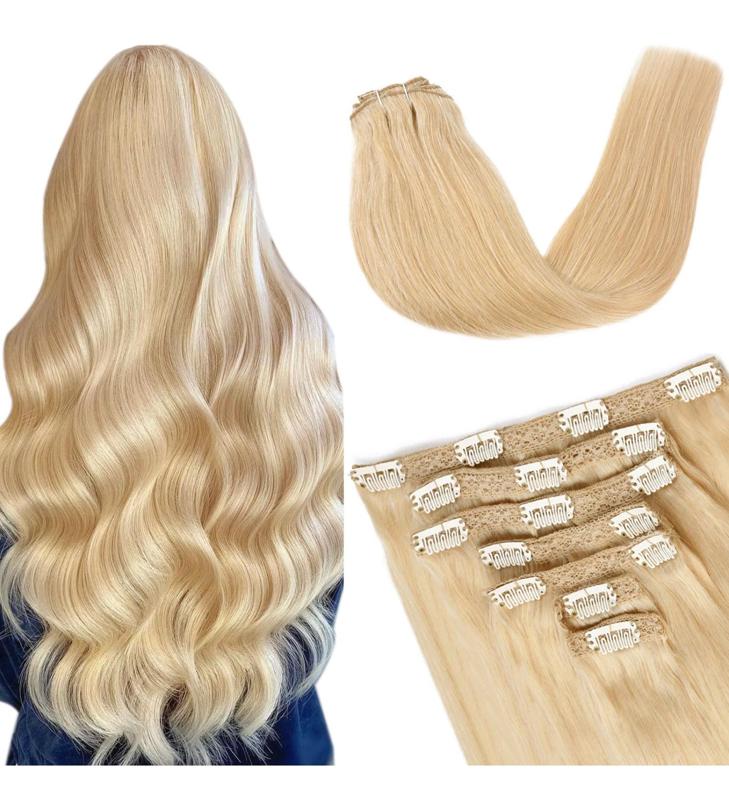 Vlasy Clip in Human Hair Extensions - 20 Inch 613# Light Golden Blonde - 7 Pieces Seamless Thick Weft Hair Extensions for Women - Buy Online on SooperMarket.com