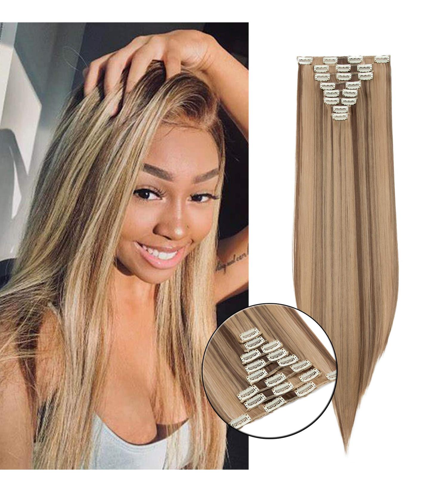 26 Clip in Hair Extensions #Ash&Dark Blond - Synthetic 8pcs Long Straight Hairpiece for Full Head - 26 Inch #Ash&Dark Blond - Buy Online on SooperMarket.com