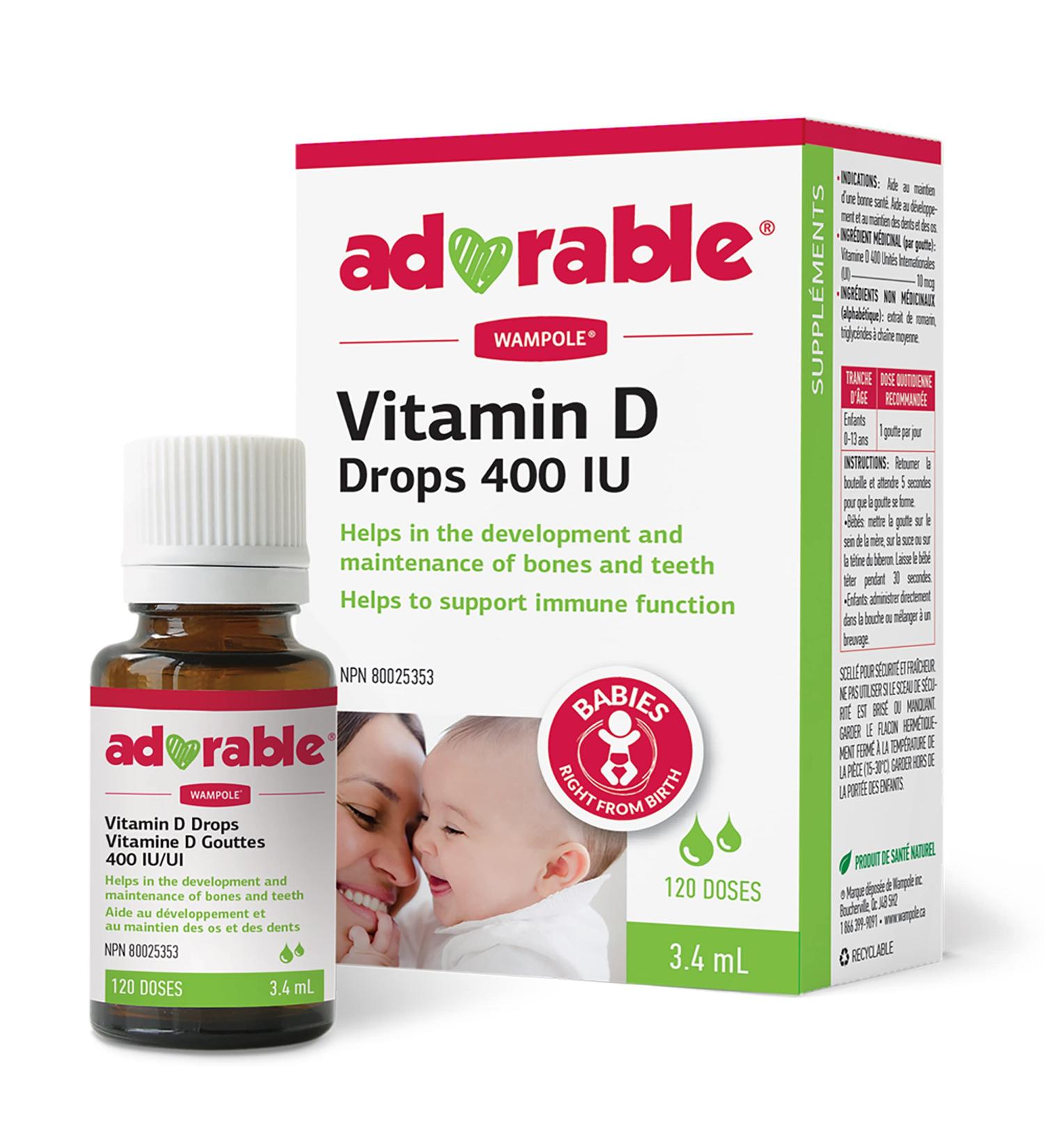 Wampole Adorable Vitamin D drops 400 IU Helps Develop & Maintain Strong Bones 3.4 ml (120 doses) - Buy Online on SooperMarket.com