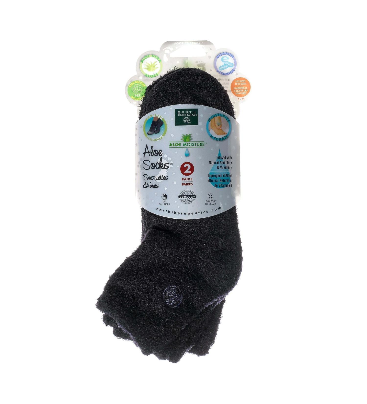Earth Therapeutics Aloe Vera Socks - Aloe Vera & Vitamin E Infused For Dry Feet, Cracked Heels, Calluses - 2 Pairs Black/Black - Buy Online on SooperMarket.com