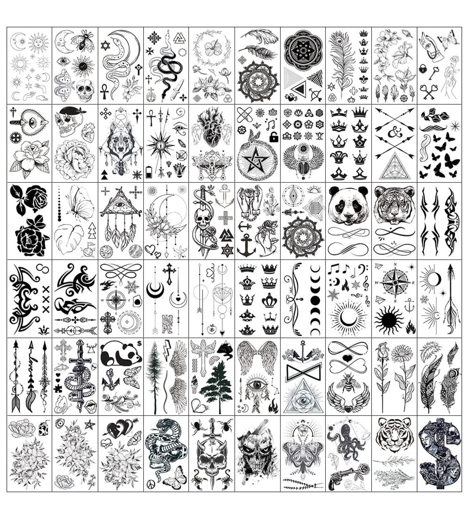 Esland 330+ Realistic Black Temporary Tattoos: Vintage Skeleton Snake, Crowns, Arrows, Sun Moon Stars, Butterfly, Feather, Infinite Love - 60 Pcs Tattoo Stickers for Women - Buy Online on SooperMarket.com