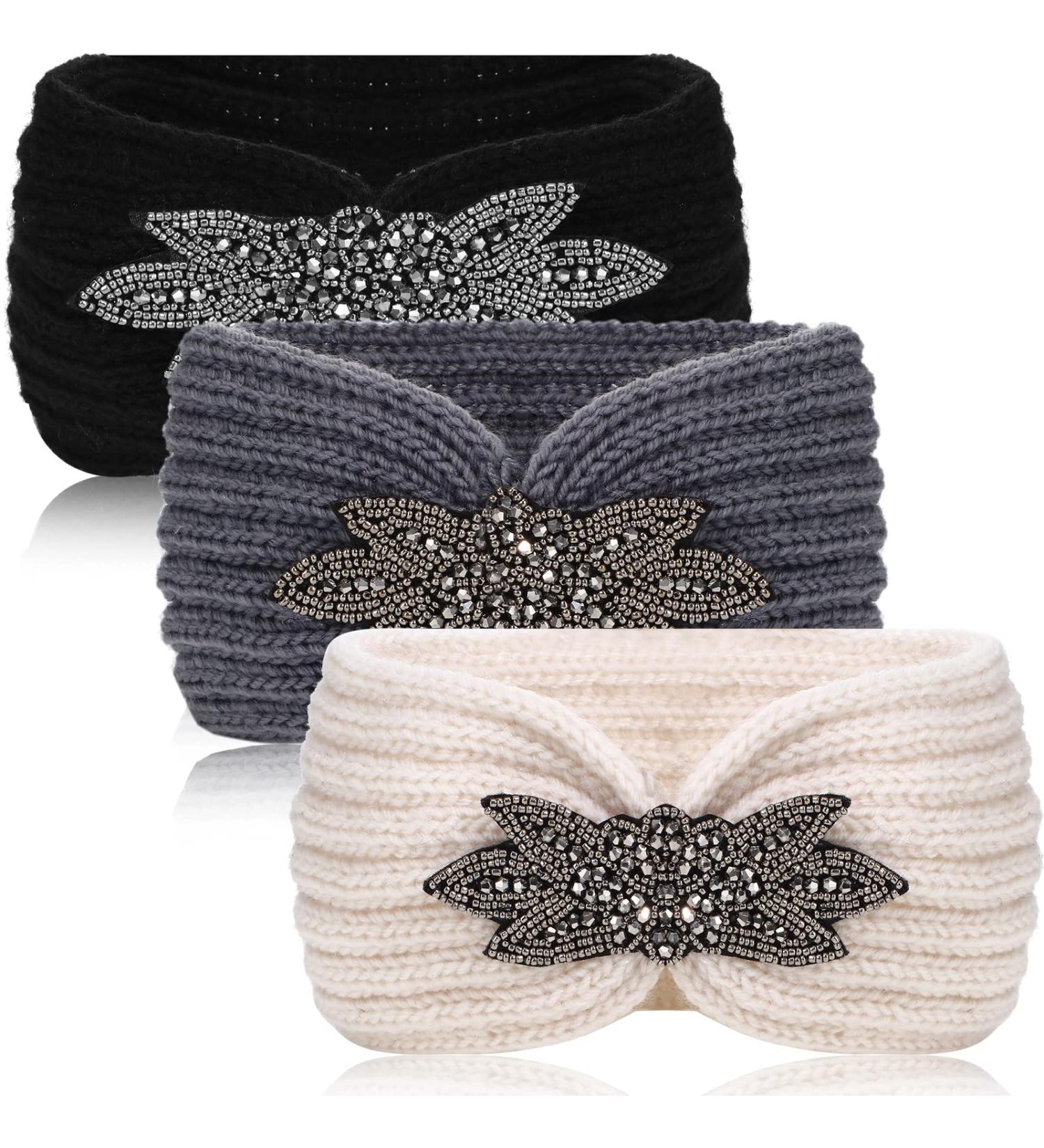 Winter Knitted Headband Ear Warmers for Women 3 Pieces Chunky Sequin Flower Knit Headband Warm Crocheted Hairband Head Wrap Earmuff - Buy Online on SooperMarket.com