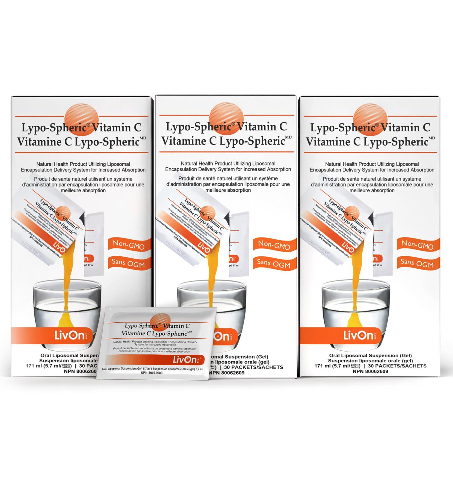 Lypo Spheric Vitamin C 3 Cartons (90 Packets) 1 000 mg Vitamin C & 1 000 mg Essential Phospholipids Per Packet Liposome Encapsulated for Improved Absorption 100% Non GMO 30 count (Pack of 3) - Buy Online on SooperMarket.com
