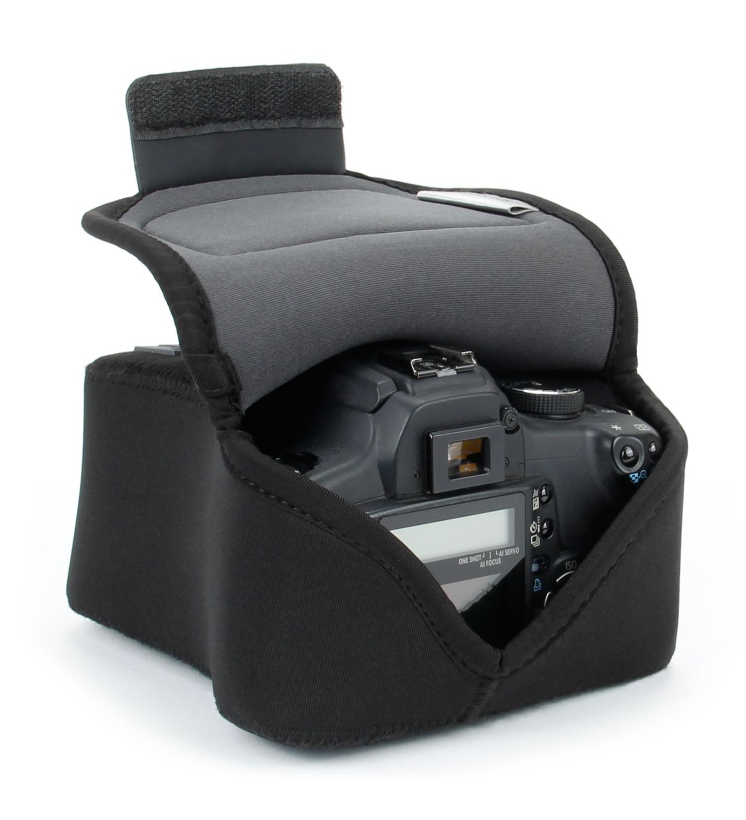 USA GEAR Black Neoprene DSLR SLR Camera Sleeve Case with Belt Loop and Accessory Storage - Compatible with Nikon D3400, Canon EOS Rebel SL2, Pentax K-70 | Protective Holster for Camera - Buy Online on SooperMarket.com