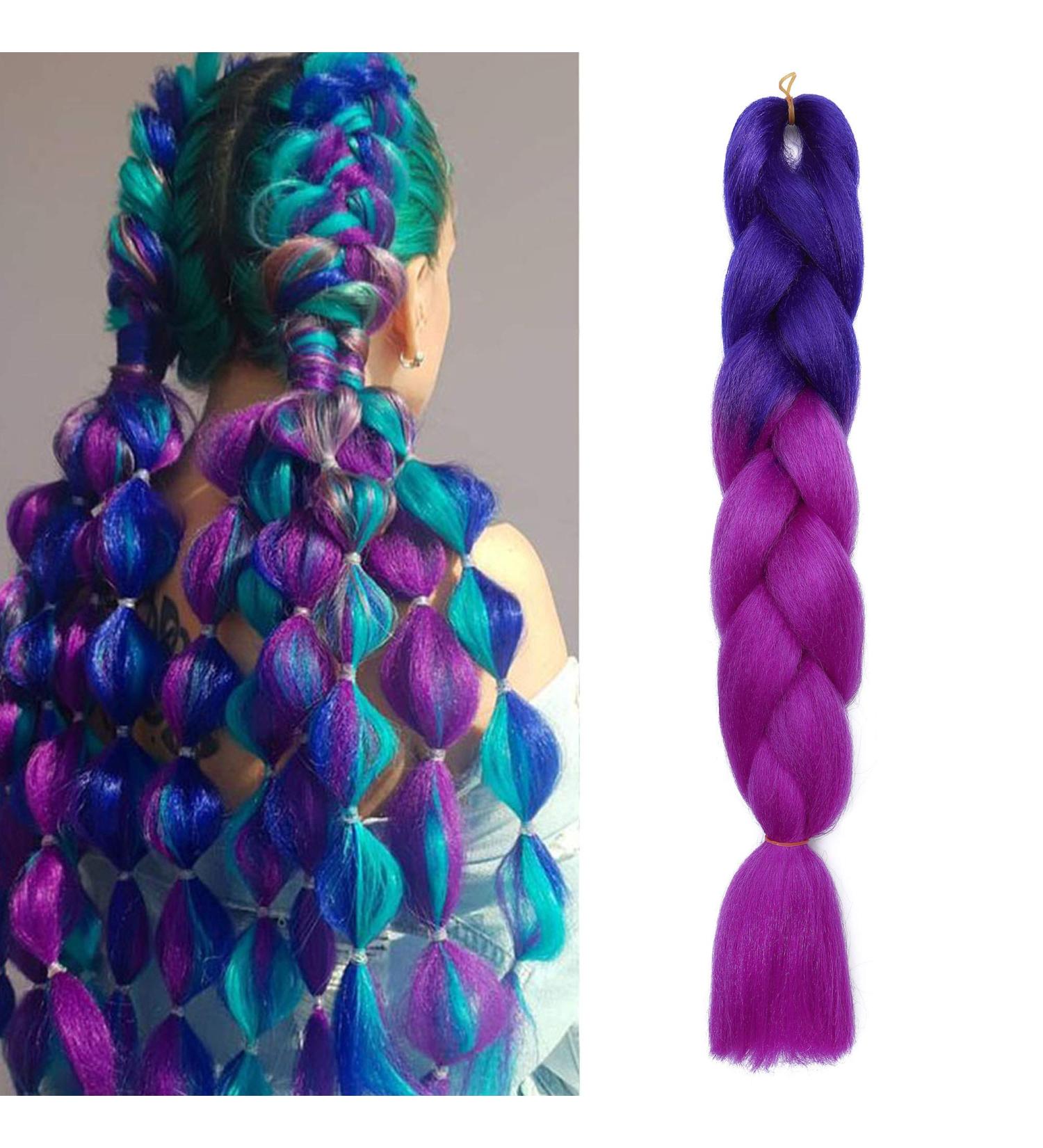 Ombre Braiding Hair 24inch Jumbo Braids High Temperature Fiber Synthetic Hair Extension 1pc 100g for Twist Braiding Hair Royalblue to Lilac - Buy Online on SooperMarket.com