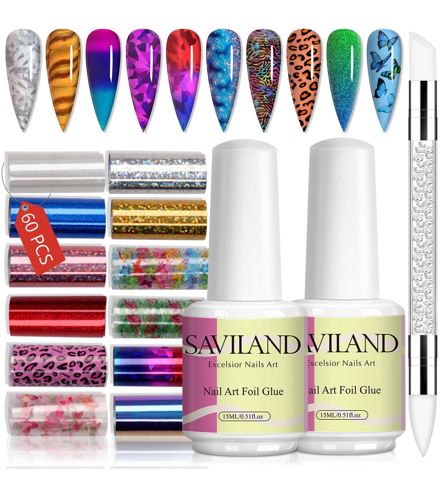 Saviland Nail Art Foil Glue Gel Kit - 2 Bottles 15ML with DIY Fluorescence Starry Stickers and Full Nail Wraps - Nail Art Accessories for Manicure - Buy Online on SooperMarket.com