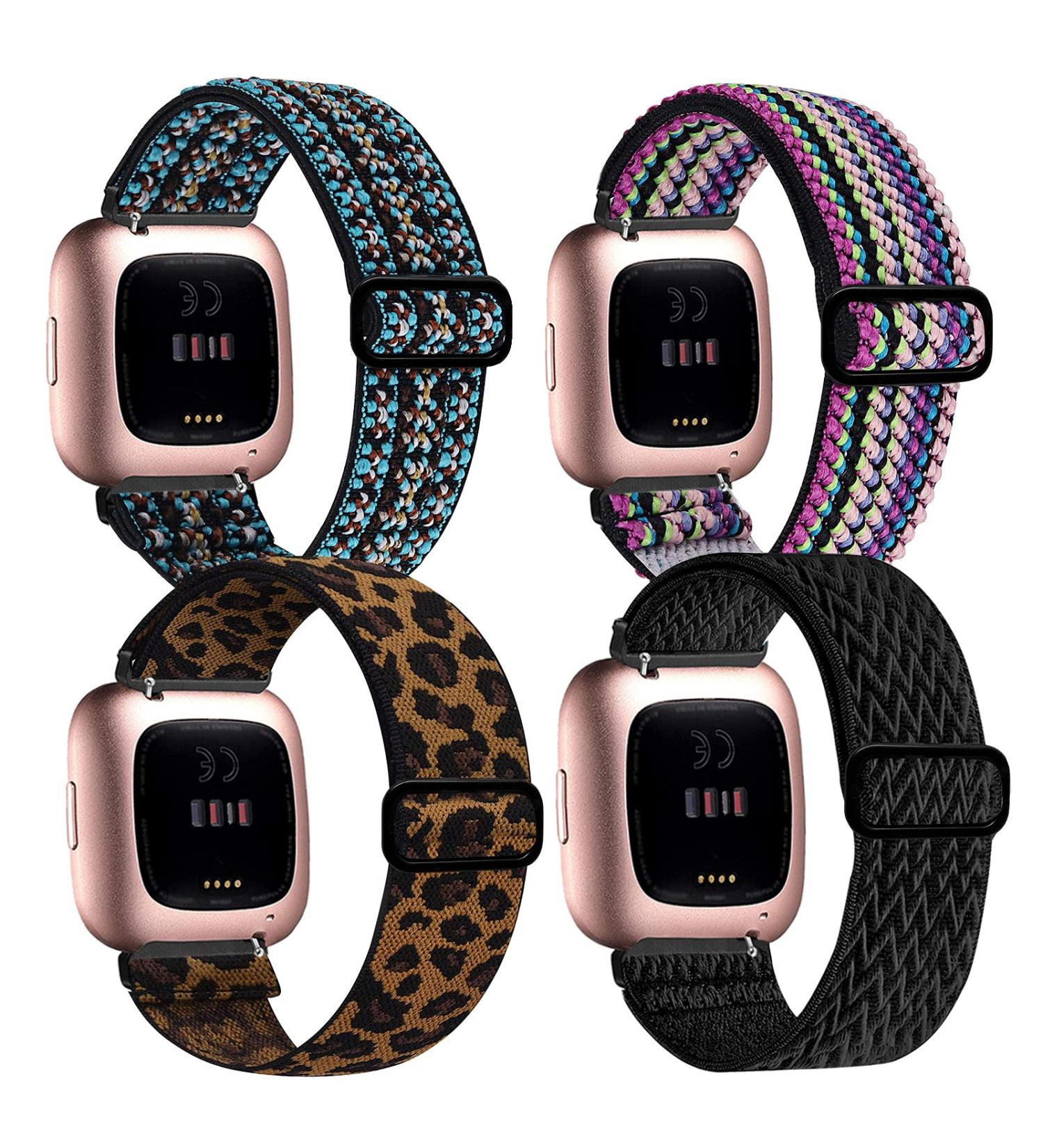 BOTNUW 4 Pack Elastic Bands for Fitbit Versa Smart Watch - Adjustable Nylon Straps for Women Men - Boho Green, Colorful, Leopard Prints - Buy Online on SooperMarket.com