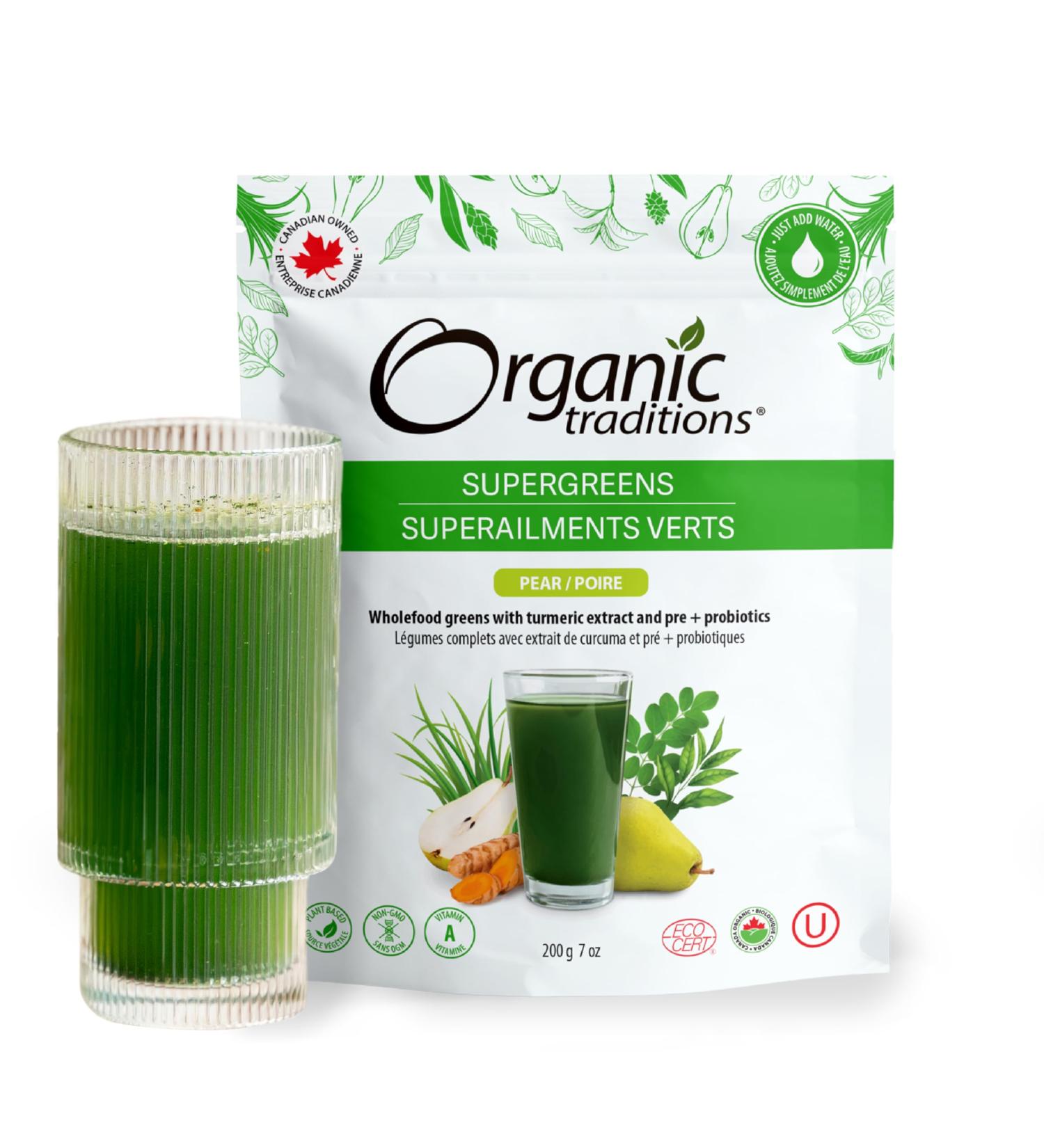 Organic Traditions Super Greens Superfood Powder with Turmeric Pear Flavour Organic Greens Powder Smoothie Booster 200g/7oz Bag - Buy Online on SooperMarket.com