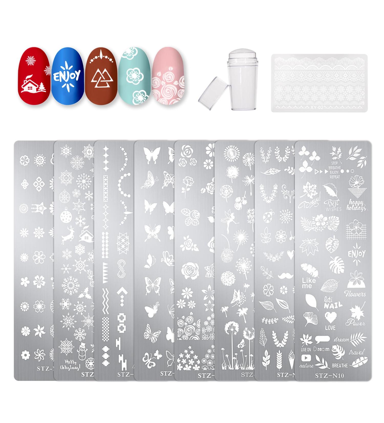 Nail Art Stamping Templates 8pcs Nail Stamping Templates with Nail Stamper and Scraper for DIY Nail Art Decoration Nail Salon Design - Buy Online on SooperMarket.com