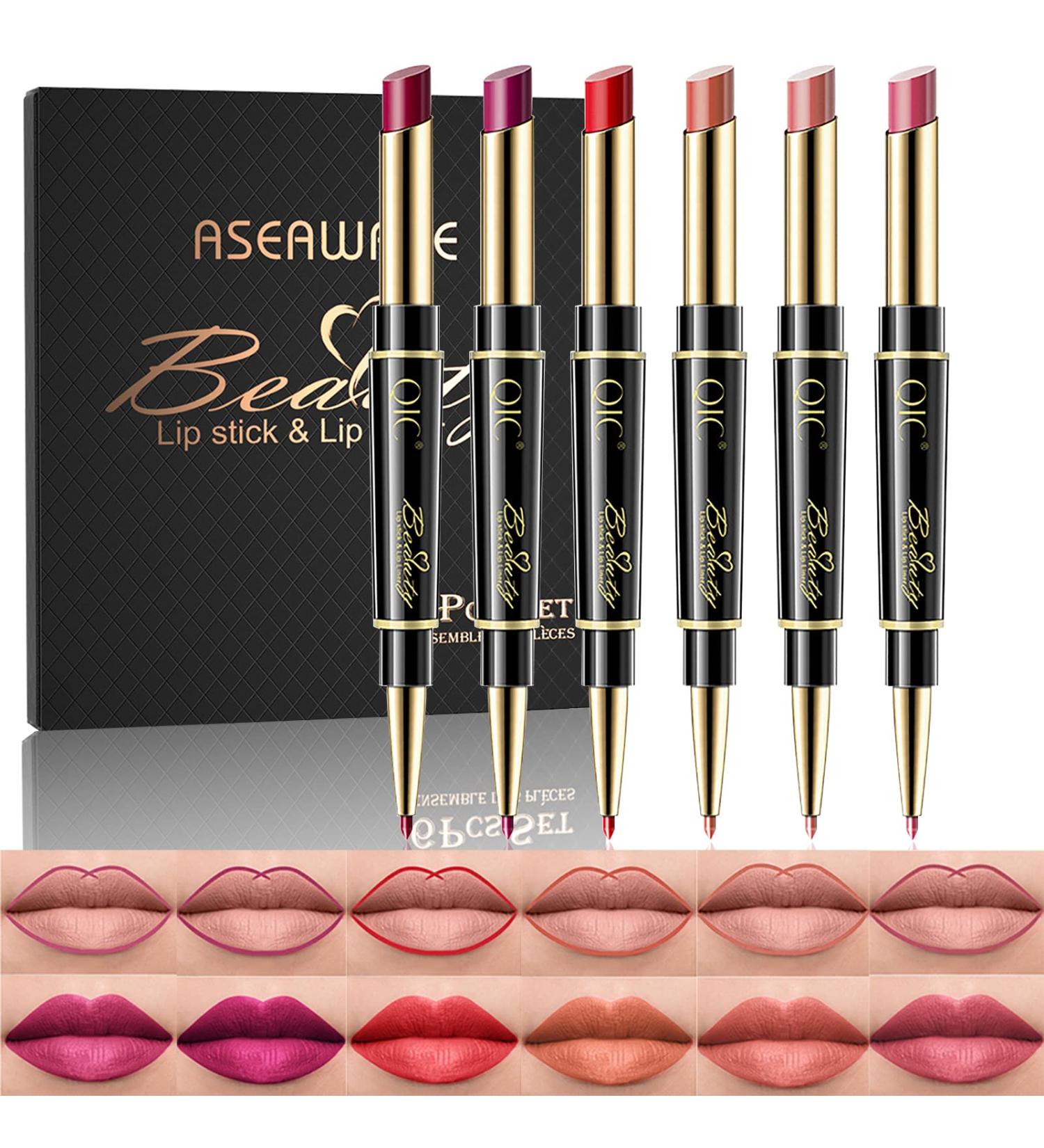 Aseawave 2 in 1 Lip Liner and Lipstick Makeup Set - Waterproof & Long-Lasting Matte Lipstick - 6Pcs Gift Set for Daily, Travel, Party, Work - Buy Online on SooperMarket.com